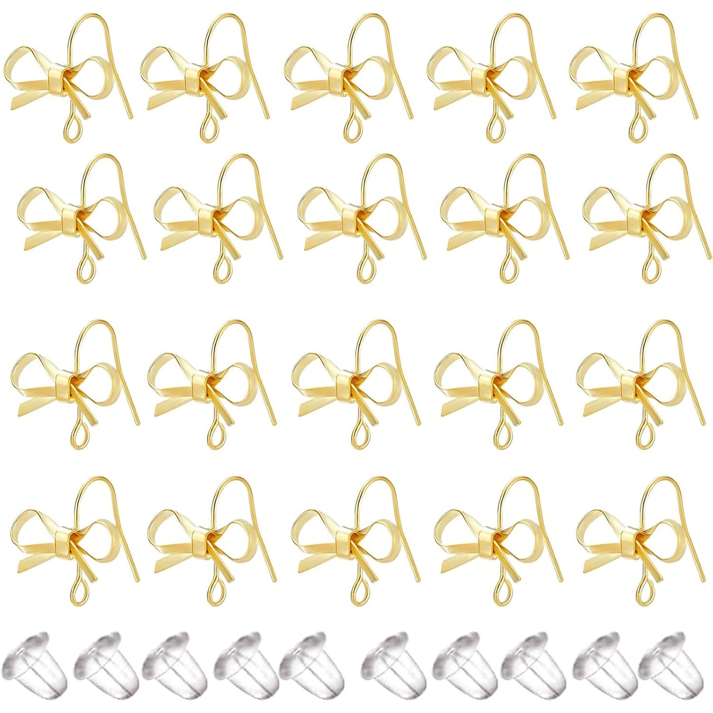 1 Box of 20pcs Bowknot Earring Hooks with Hole 14K Golden Plated Alloy Bow Dangle Earrings Findings and 20pcs Clear Earring Safety Backs for Women DIY Crafts Jewelry Making Supplies