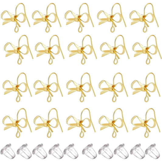 1 Box of 20pcs Bowknot Earring Hooks with Hole 14K Golden Plated Alloy Bow Dangle Earrings Findings and 20pcs Clear Earring Safety Backs for Women DIY Crafts Jewelry Making Supplies