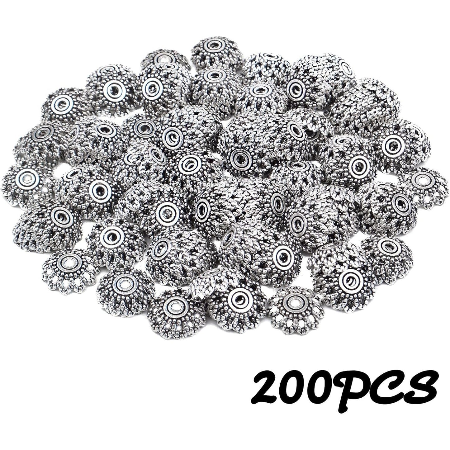 200pcs 12mm Flower Filigree Bead Caps Alloy Spacer Beads Caps Flower End Caps Loose Beads for Bracelet Necklace DIY Jewelry Making Crafts Supplies