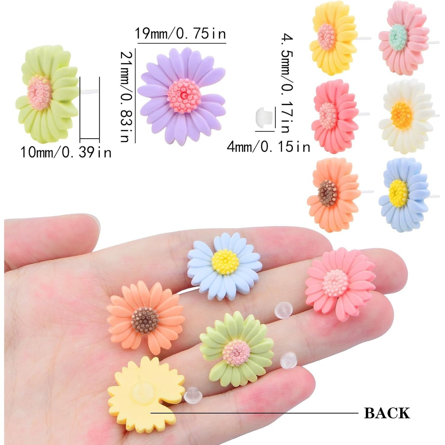8 Pairs Sweet Resin Daisy Sunflower Stud Earrings Cute Chrysanthemum Earring Post Studs with Earring Safety Backs for Women Sensitive Ears DIY Jewelry Making, 8 Colors