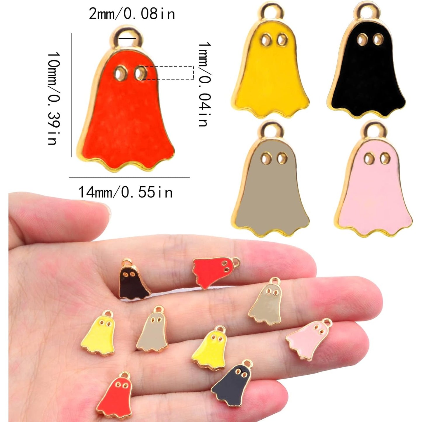 30pcs Golden Plated Enamel Mini Ghost Pendant Charms Alloy Halloween Ghost Dangle Charms Craft Supplies for DIY Necklace Bracelet Jewelry Making Halloween Party, 5 Colors