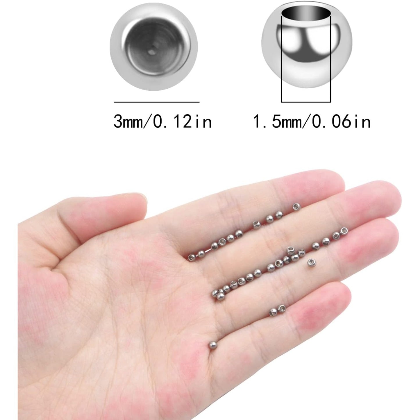 100pcs 3 mm Round Memory Wire End Caps Beads Stainless Steel Cord End Caps Half Drilled Hole Ball Beads for DIY Crafts Necklace Bracelet Jewelry Making, Hole: 1.5 mm