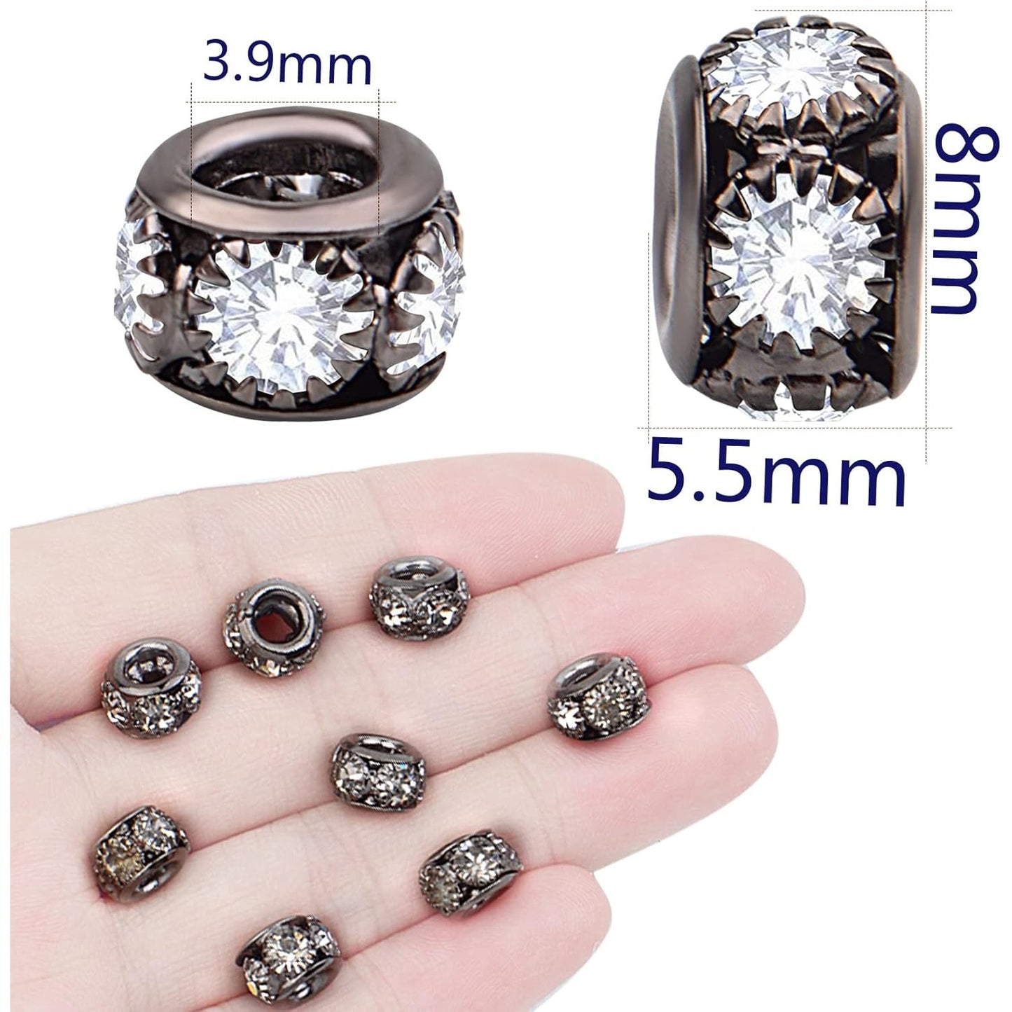 40pcs Large Hole Rhinestone Spacer Beads European Rondelle Loose Beads Accessories for DIY Bracelet Snake Chain Charm Jewelry Making Decor, Hole: 3.9 mm, Gun Black