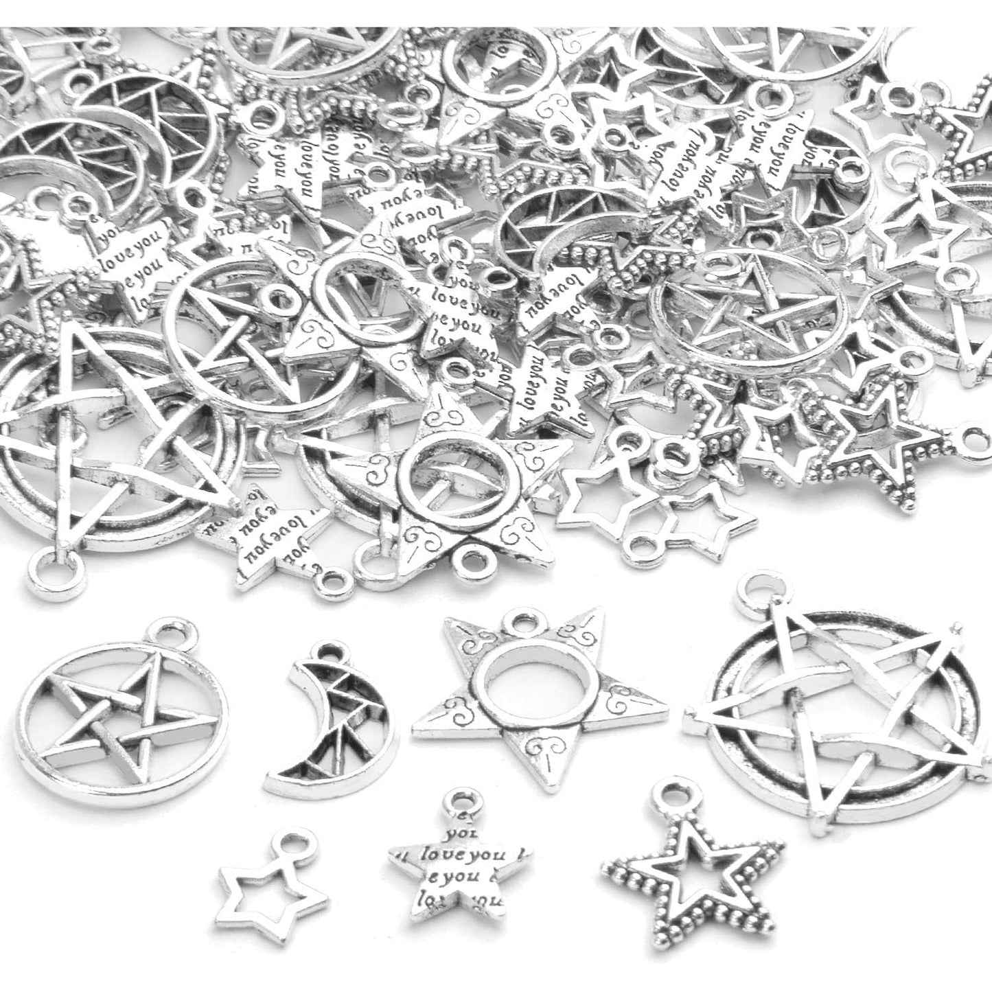 100g (80-150pcs) Mixed Moon Star Charms Antique Alloy Celestial Charms Pendants for Bracelets Necklaces Crafts