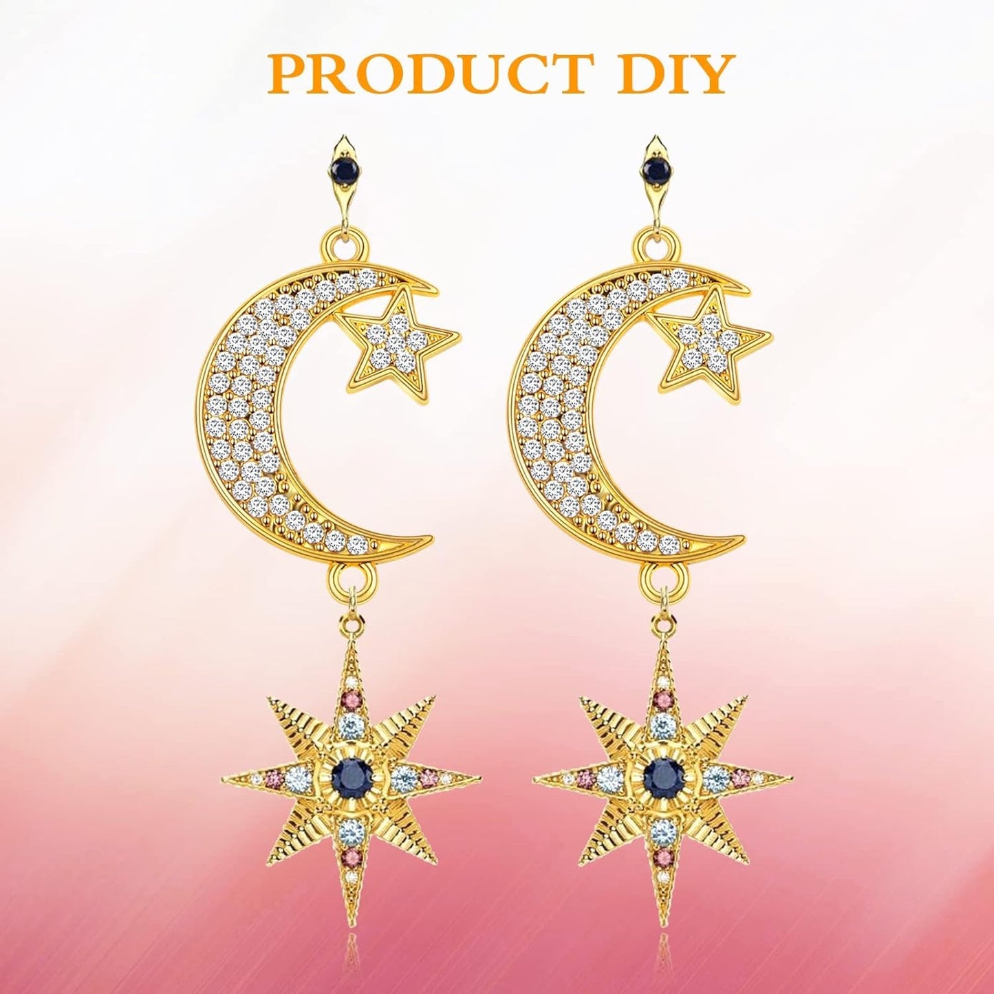 10 Pieces Crescent Moon and Star Charms Connectors with Rhinestone Alloy Moon Dangle Pendants with Double Loops for DIY Necklace Earrings Jewelry Making Supplies, 2 Colors