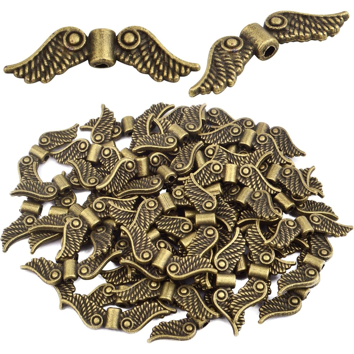 60pcs Tibetan Style Angel Wing Spacer Beads Alloy Small Hole Wing Loose Spacer Charm Beads Accessories for DIY Bracelet Necklace Earrings Jewelry Making, Bright Silver