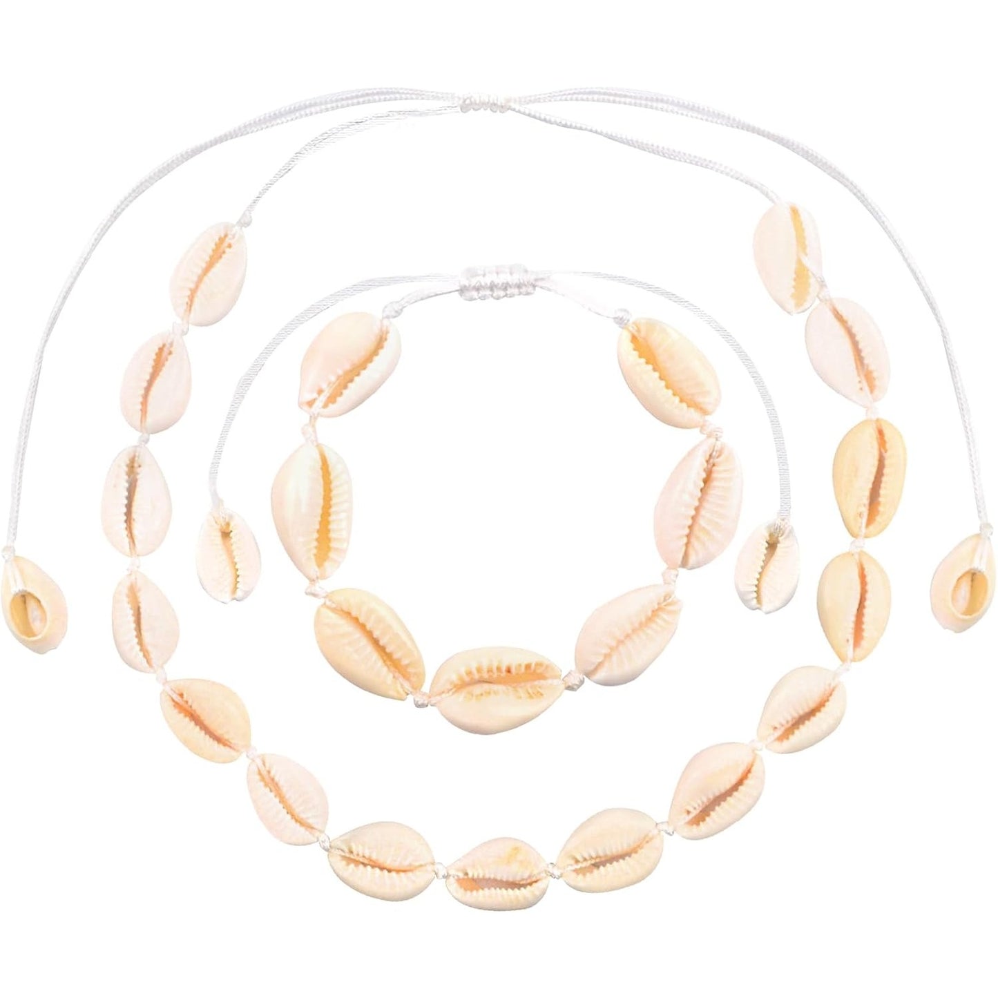 Sea Shell Necklace Bracelet Set, Handmade Adjustable Natural Shell Bracelets Summer Boho Hawaii Braided Rope Beach Conch Seashell Choker Collars for Women Lady Jewelry Gift