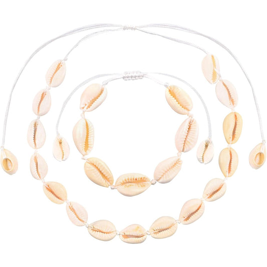 Sea Shell Necklace Bracelet Set, Handmade Adjustable Natural Shell Bracelets Summer Boho Hawaii Braided Rope Beach Conch Seashell Choker Collars for Women Lady Jewelry Gift