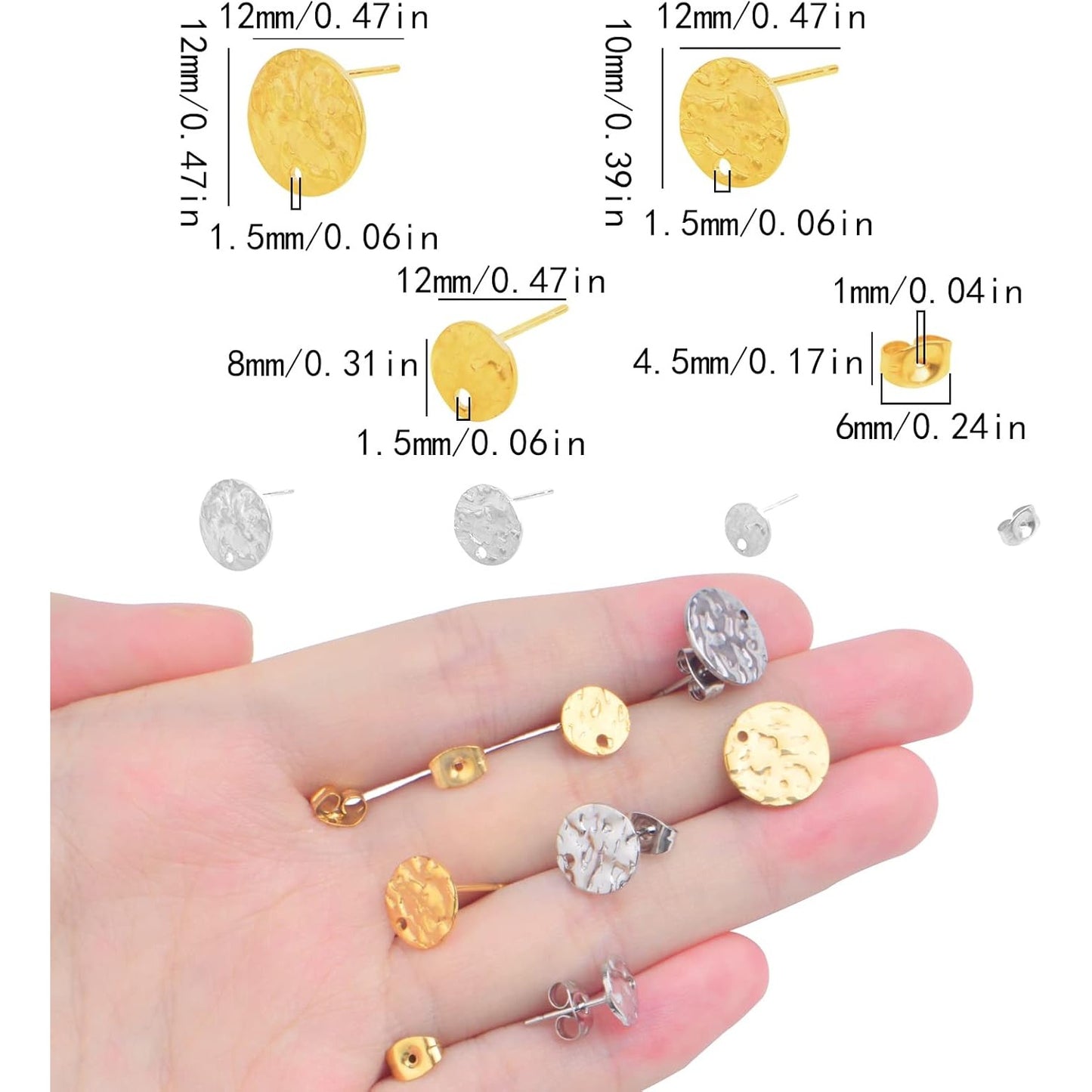 24pcs 3 Sizes Textured Blank Flat Round Stud Earring Findings Stainless Steel Earring Posts with Loop and 24pcs Butterfly Earring Backs for DIY Jewelry Making, 2 Colors