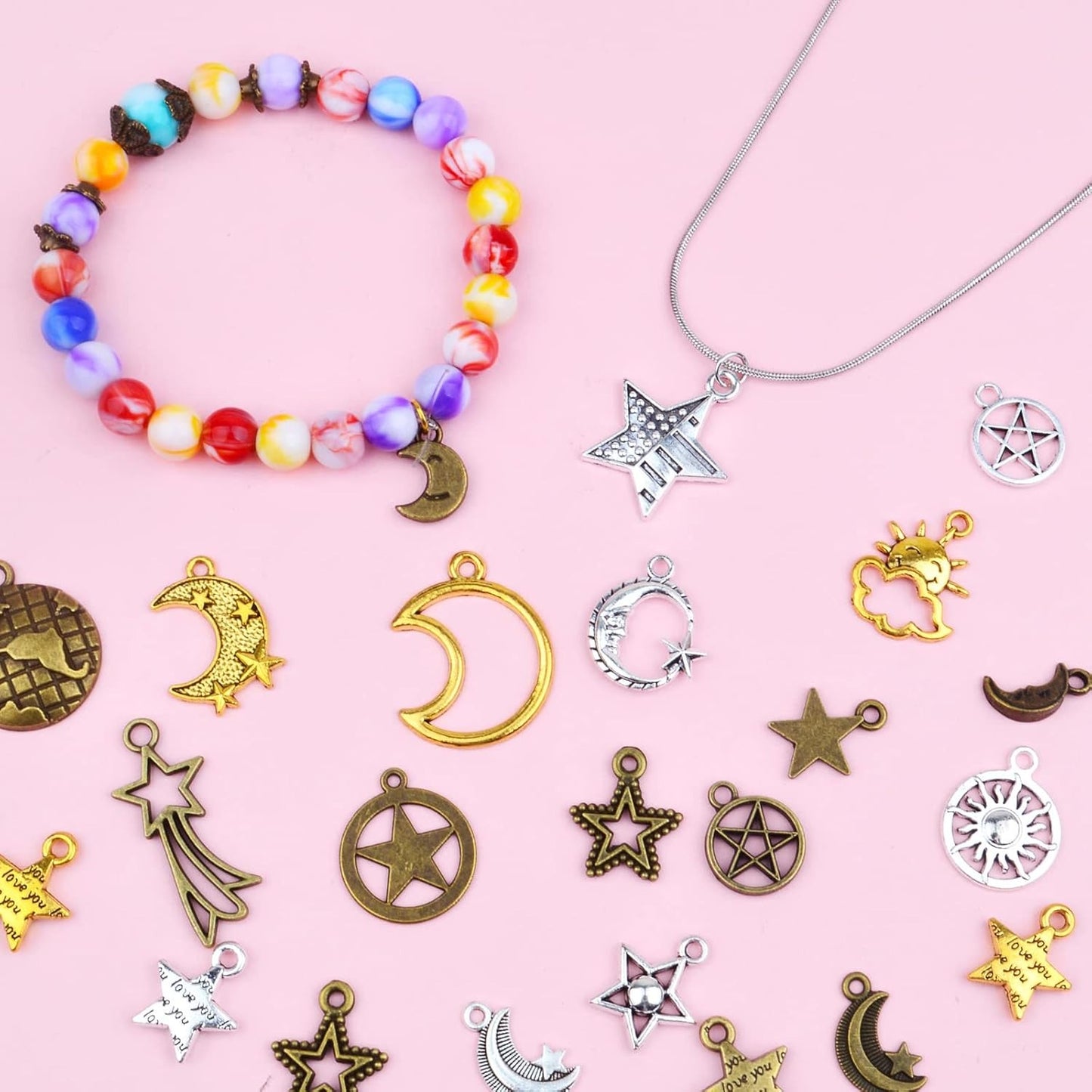 100 Gram Mixed Sun Moon Star Charms Celestial Pendants Alloy Sun Smile Pentagram Dangle Charms Collection for Necklace DIY Jewelry Making Crafting