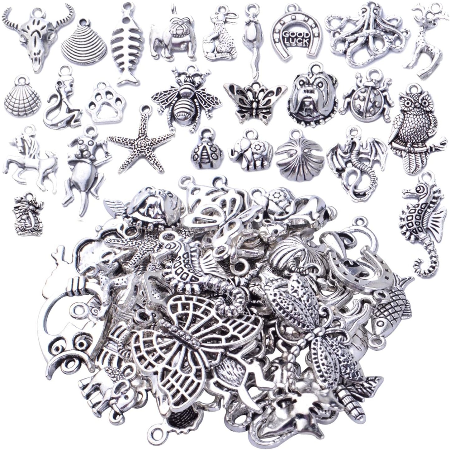 50pcs Antique Silver Animal Charms Alloy Dragon Monkey Fish Turtle Octopus Insect Charm Pendants Craft Supplies for Jewelry DIY Earrings Necklace Bracelet Making Accessories