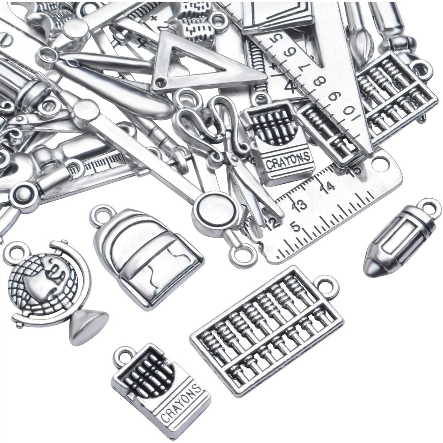 40pcs Craft Supplies Antique Silver Alloy School Teacher Charms Pendant Ruler Pencil Compasses Charm Pendants for DIY Jewelry Making Crafting Findings Accessory