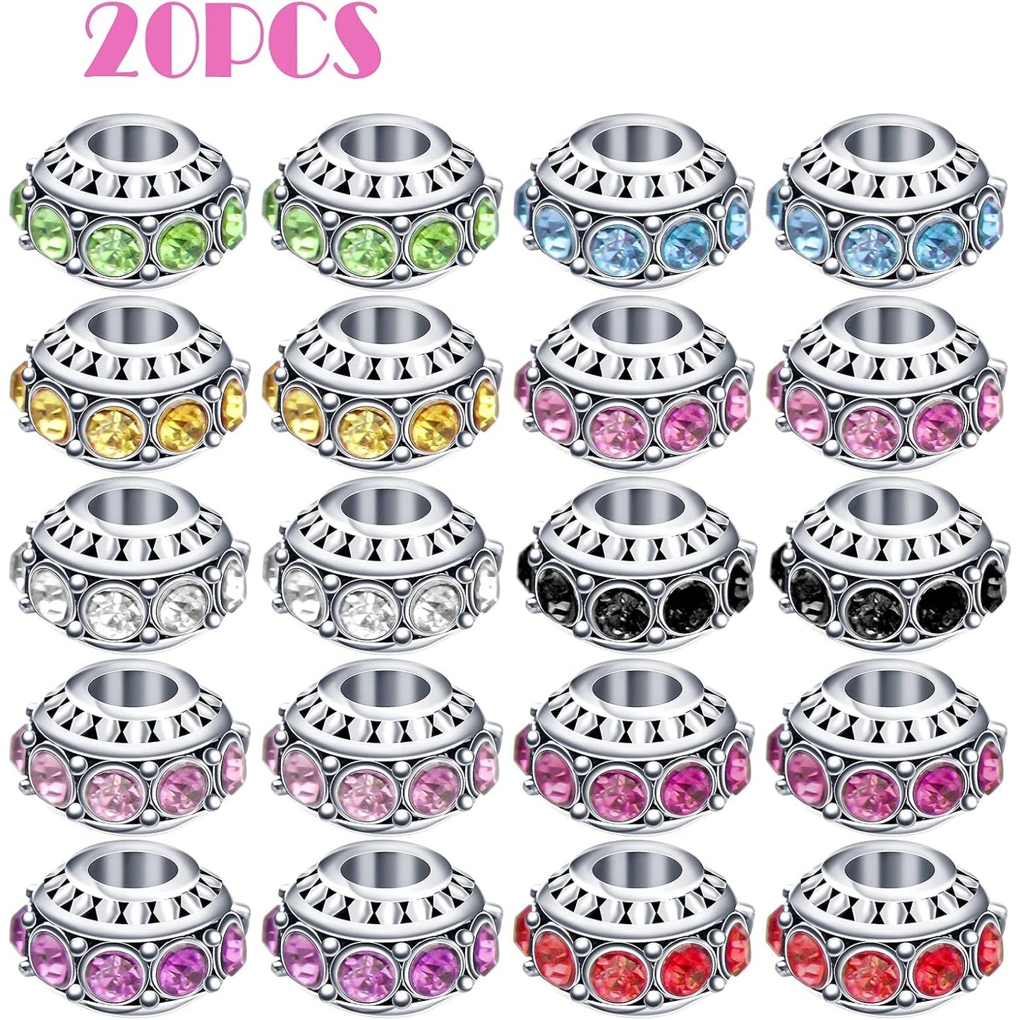 Large Hole European Beads, 20pcs 10 Styles Rondelle Rhinestone Beads Crystal Charm Spacer Beads for DIY Bracelet Snake Chain Jewelry Making, 11 mm x 7 mm, Hole: 4.4 mm