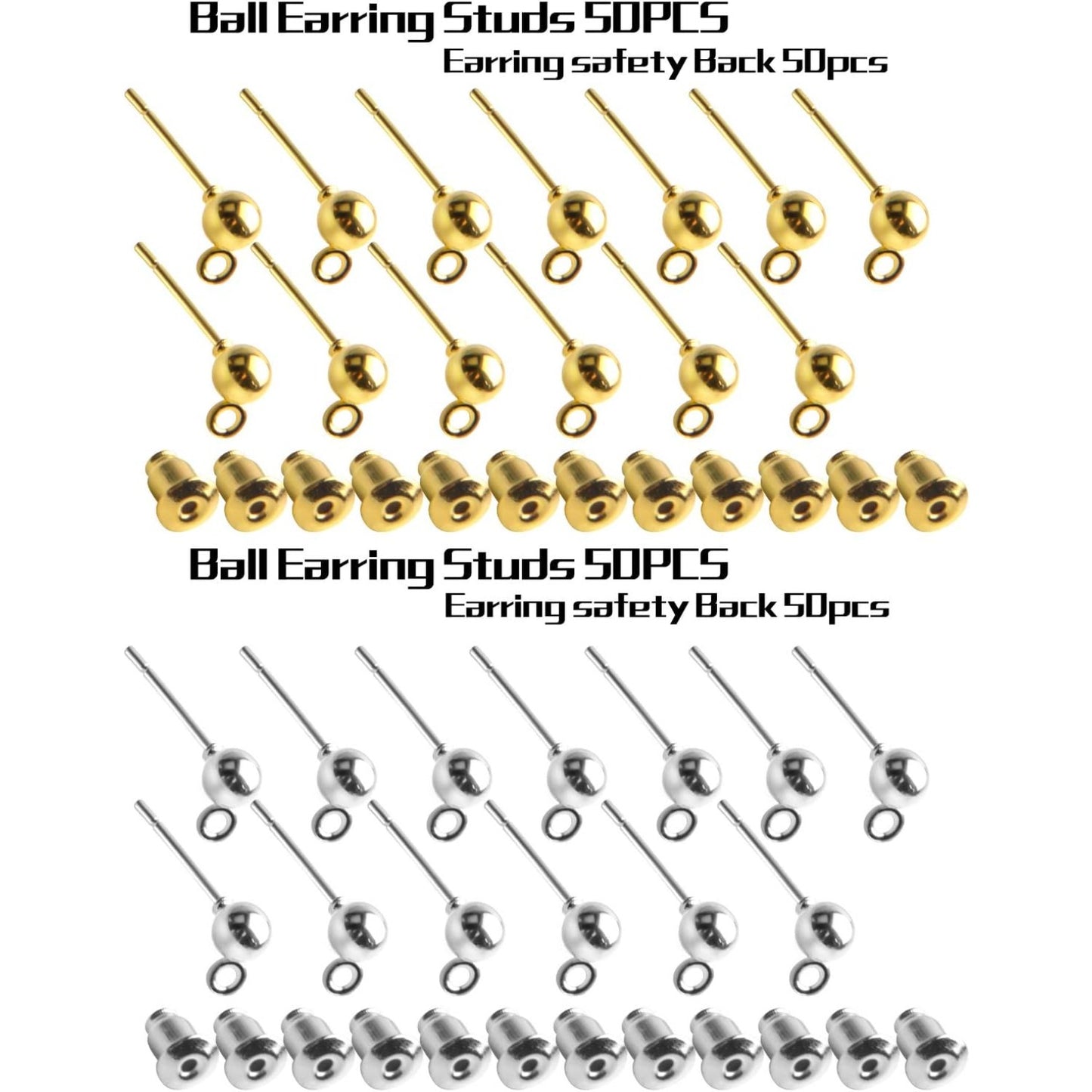 Earring Posts and Backs,100pcs Stud Earrings Posts Components Ball Earring Studs with Loop and 100pcs Bullet Earring Backs for DIY Jewelry Crafts,2 Colors