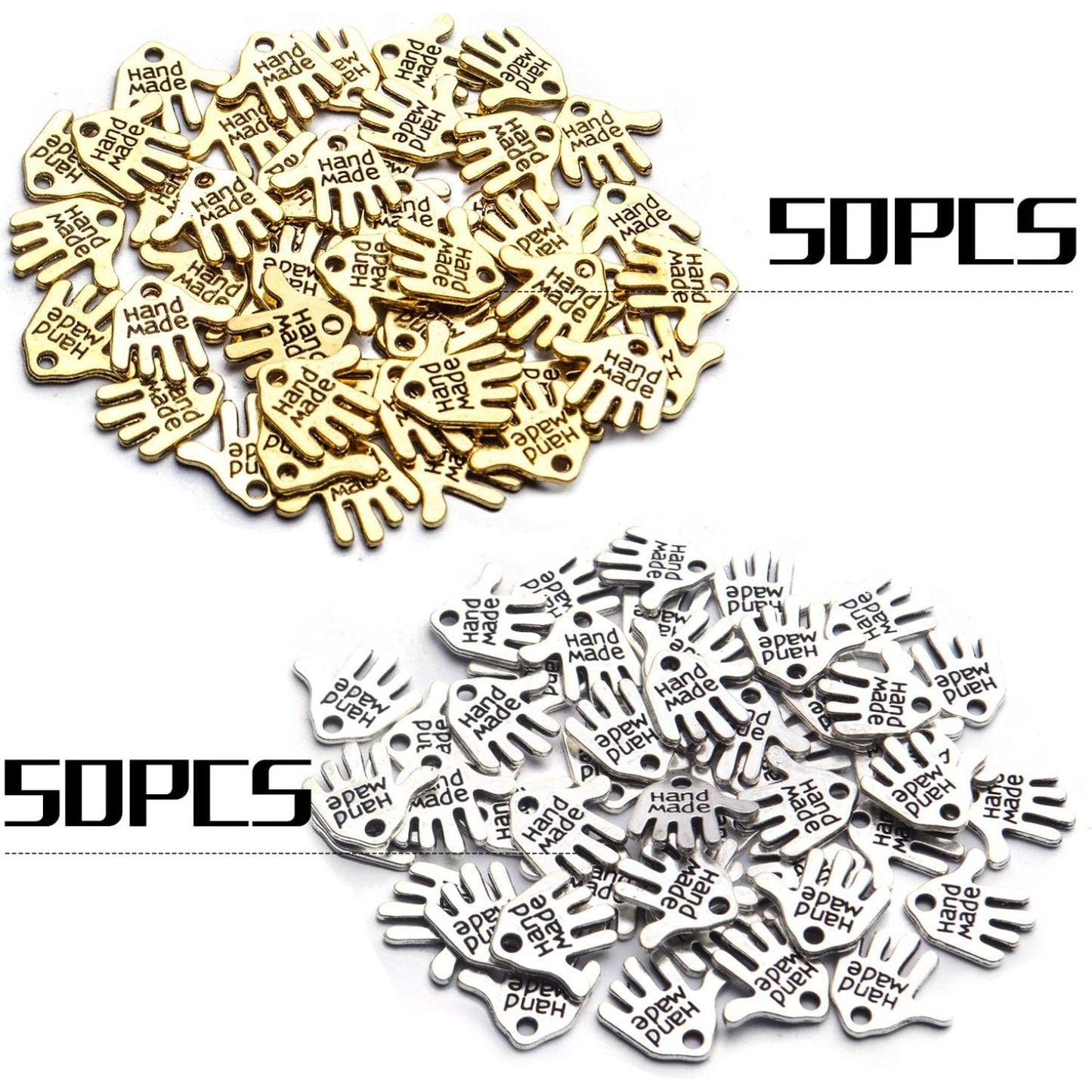 Hand Shaped Charms, 100pcs Tibetan Hand Shaped Charms Hand Made Tag Signs Pendants Carved Tone for Fashionable Jewelry Making Charms Crafting Sewing, Antique Golden, Antique Silver