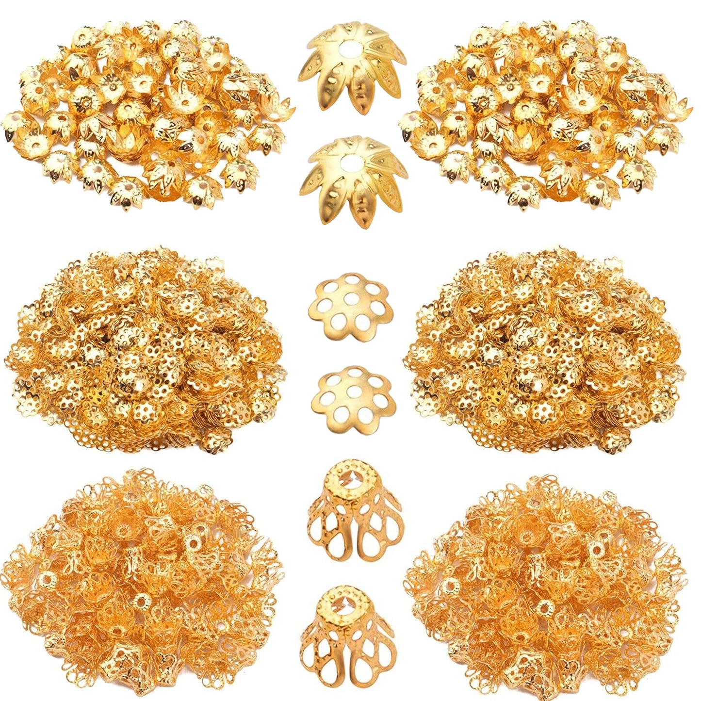 2400pcs Filigree Flower Beads Caps Metal Spacer Beads Caps Hollow Cone End Caps Jewelry Making Accessories for DIY Bracelet Earring Necklace Craft Supplies, 3 Styles, Golden and Silver