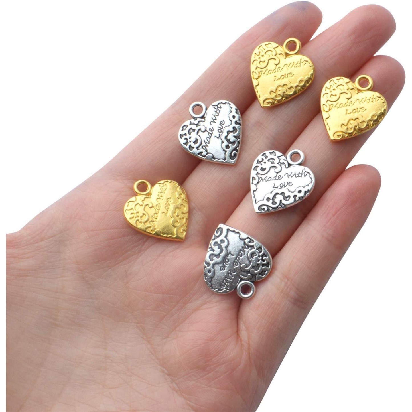 50pcs Heart Shape Made with Love Words Charms,19mm×17mm Alloy Heart Beads Charm Pendant for DIY Jewelry Making Necklace Bracelets Accessories,2 Colors