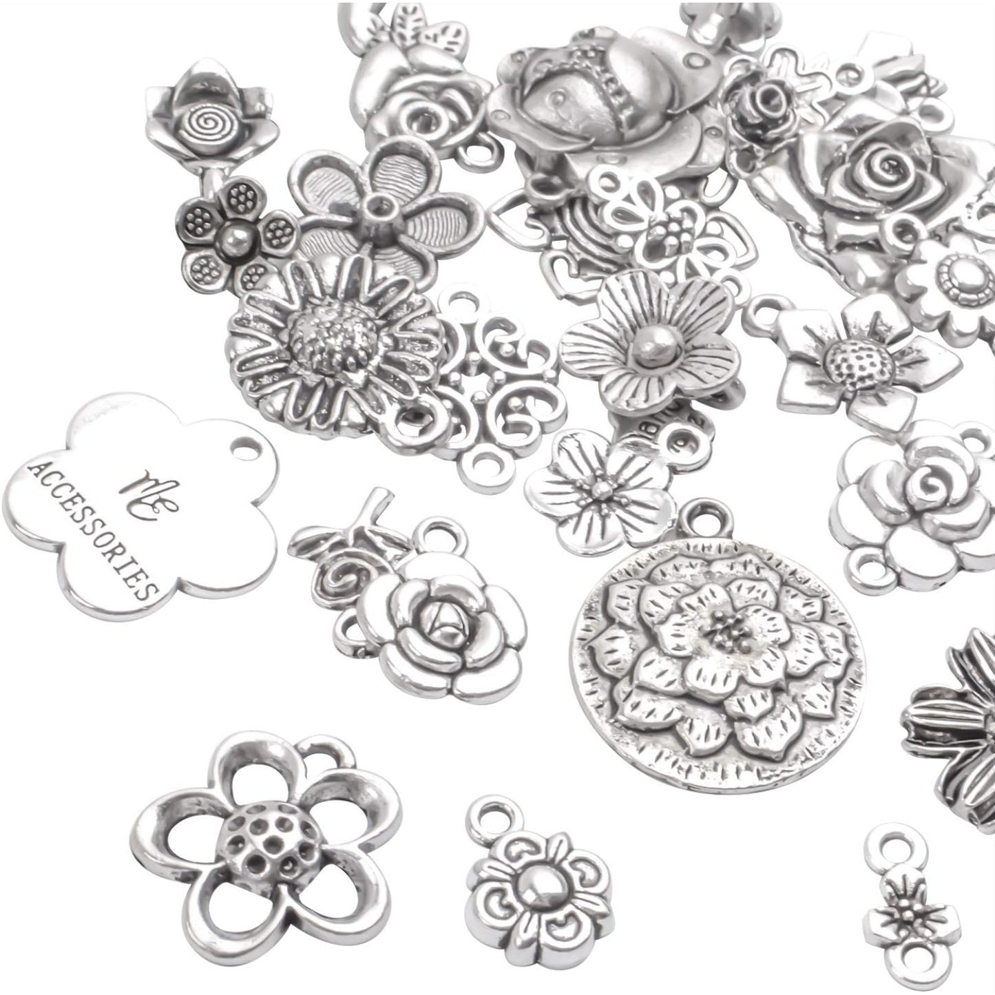 100g Craft Supplies Mixed Rose Flower Charms Pendants Alloy Flower Charm Beads Link Connectors for DIY Bracelet Necklace Keychain Jewelry Making, Antique Silver