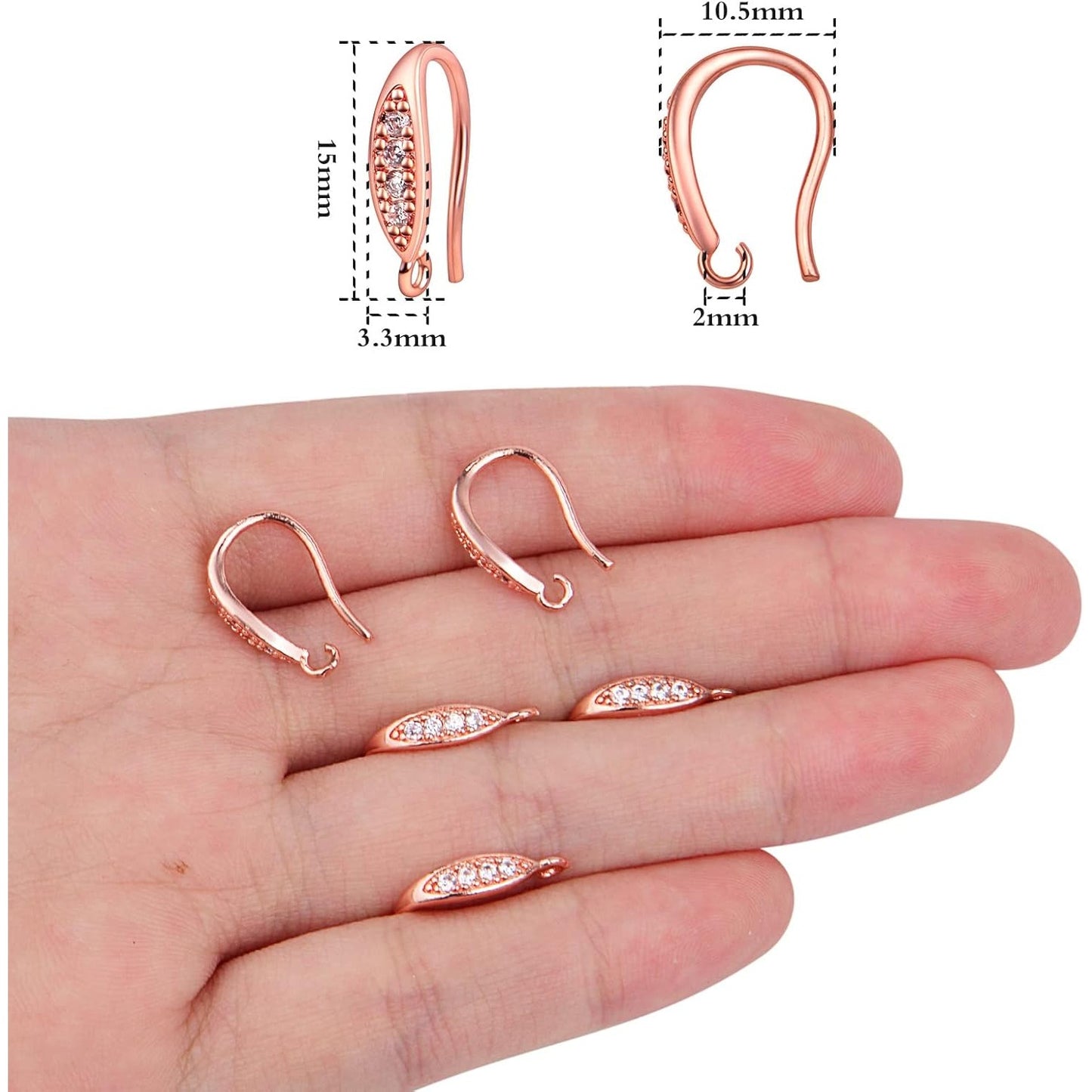 10pcs Brass Cubic Zirconia Earring Hooks Hypoallergenic Rhinestone Ear Wire Hooks with Dangle Loop Connectors for DIY Earrings Jewelry Making Findings, Rose Golden