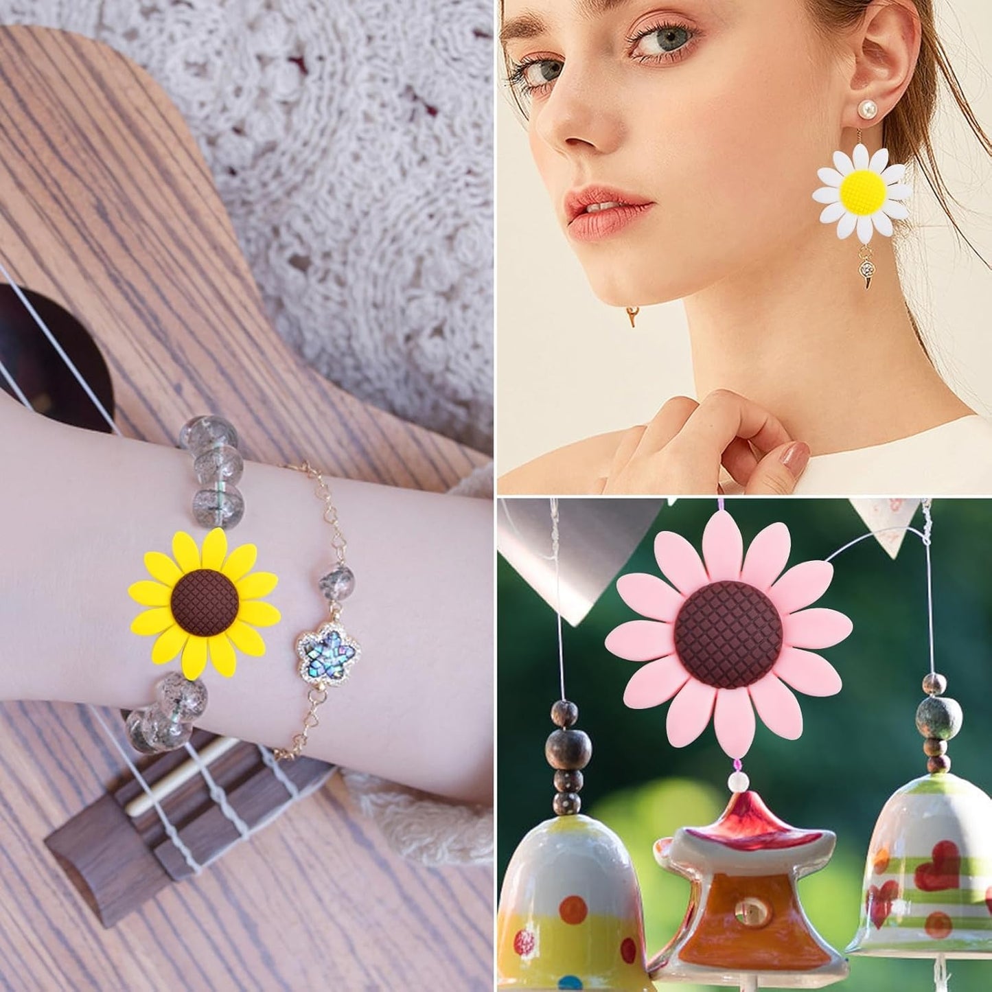 Sunflower Silicone Focal Beads for Pens, 15pcs 40 mm Flat Round Daisy Flower Shape Silicone Spacer Beads Bulk for DIY Keychains Lanyards Garlands Bracelet Crafts Jewelry Making, 3 Colors