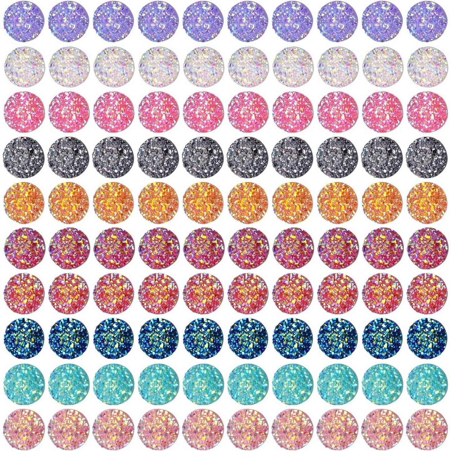 100 Pieces 12 mm Faux Druzy Resin Cabochons with 20 Pieces Stainless Steel Blank Stud Earring Bezel Setting and 20 Pieces Clear Earring Backs for Earring Jewelry Making -10 Colors