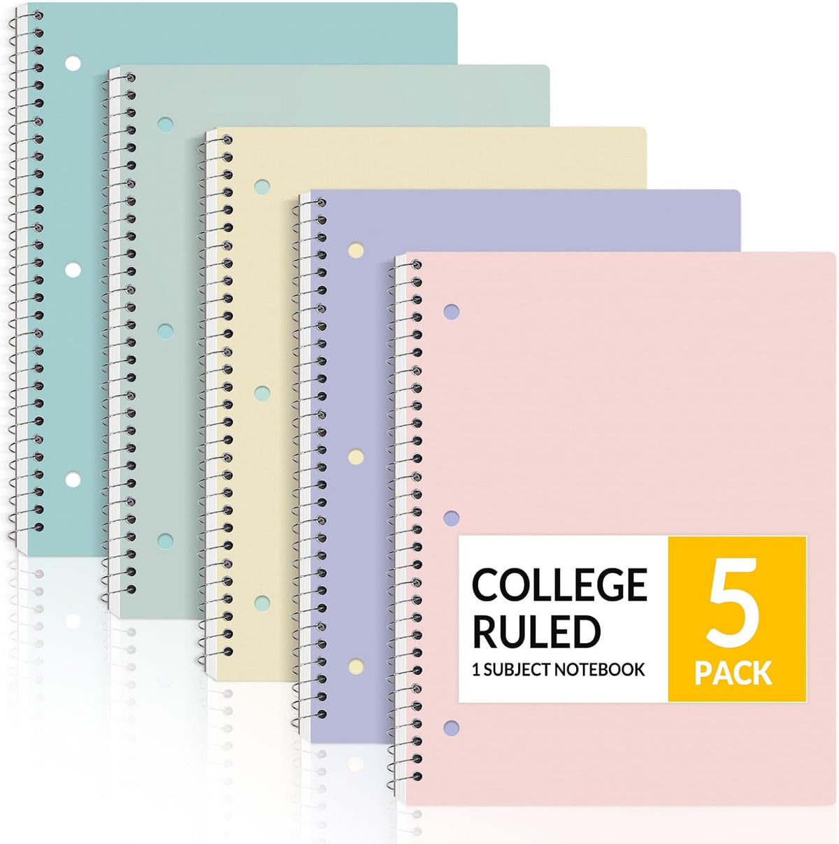 HENDEVL Spiral Notebooks, 1-Subject, 5 Pack, College Ruled Paper, 8" x 10-1/2", 70 Sheets per Notebook,3-Hole Punched Paper, Pink,Purple, Blue, Green, Yellow Spiral Lined Notebooks for School,Work