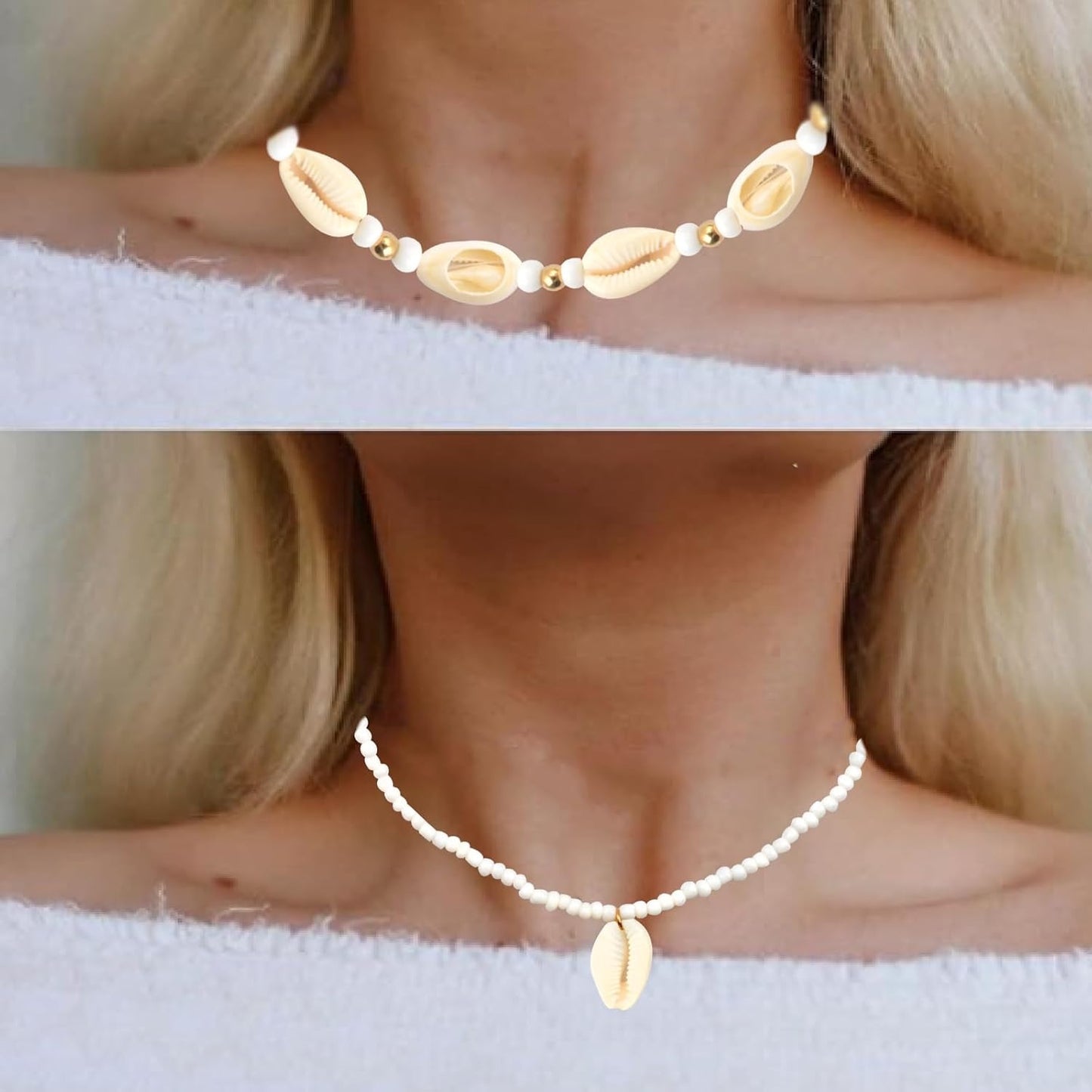 2pcs Handmade Beach Seashell Necklaces Natural Shell Rice Beads Adjustable Hawaiian Summer Boho Beach Beaded Collar Choker Necklace Jewelry for Adults Teens Women Gifts