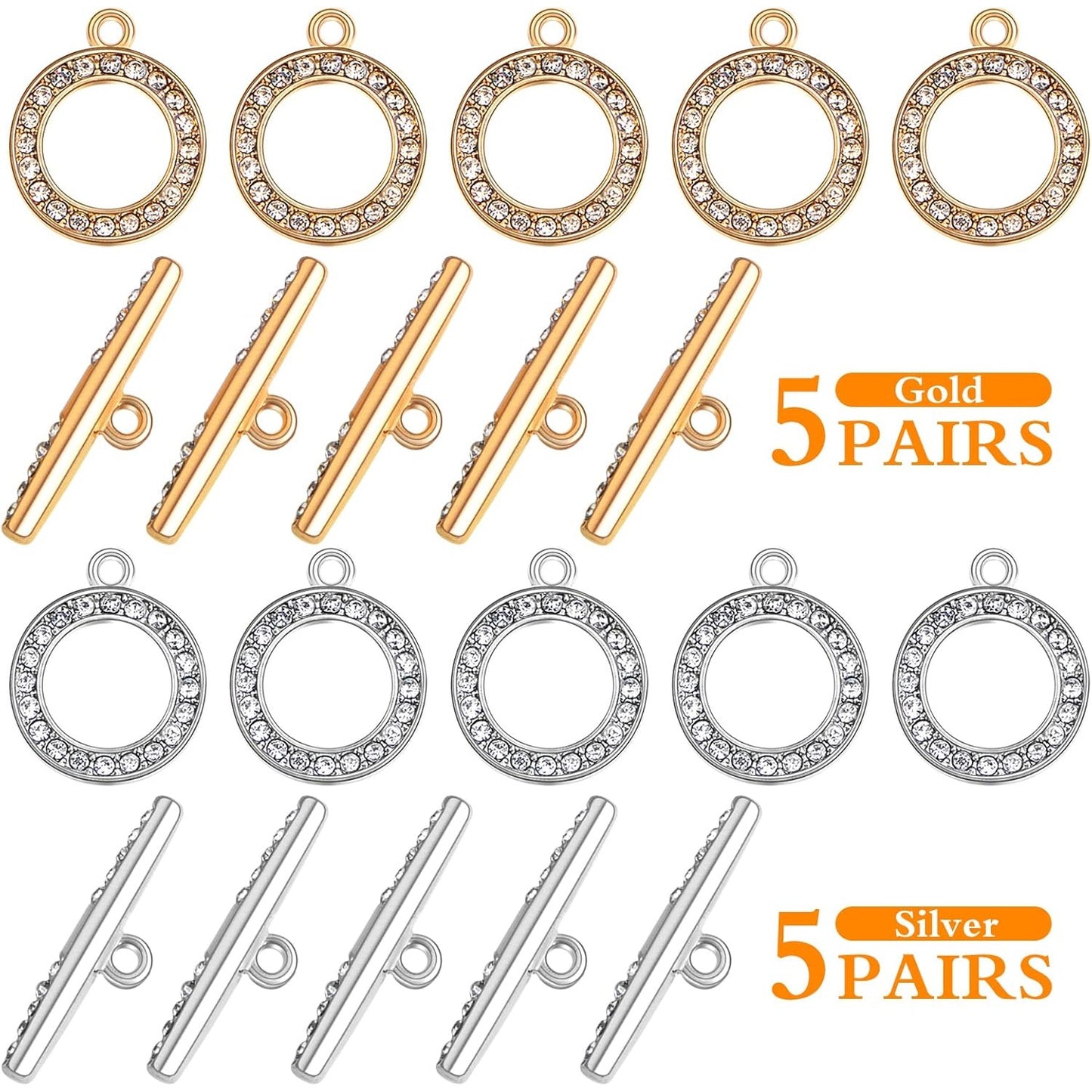 10 Sets Round Metal Toggle Clasps Bracelet Closure Fastener Buckle OT End Clasps T-Bar Connectors and Ring Clasps with Rhinestone for DIY Craft Necklace Jewelry Making, 2 Colors