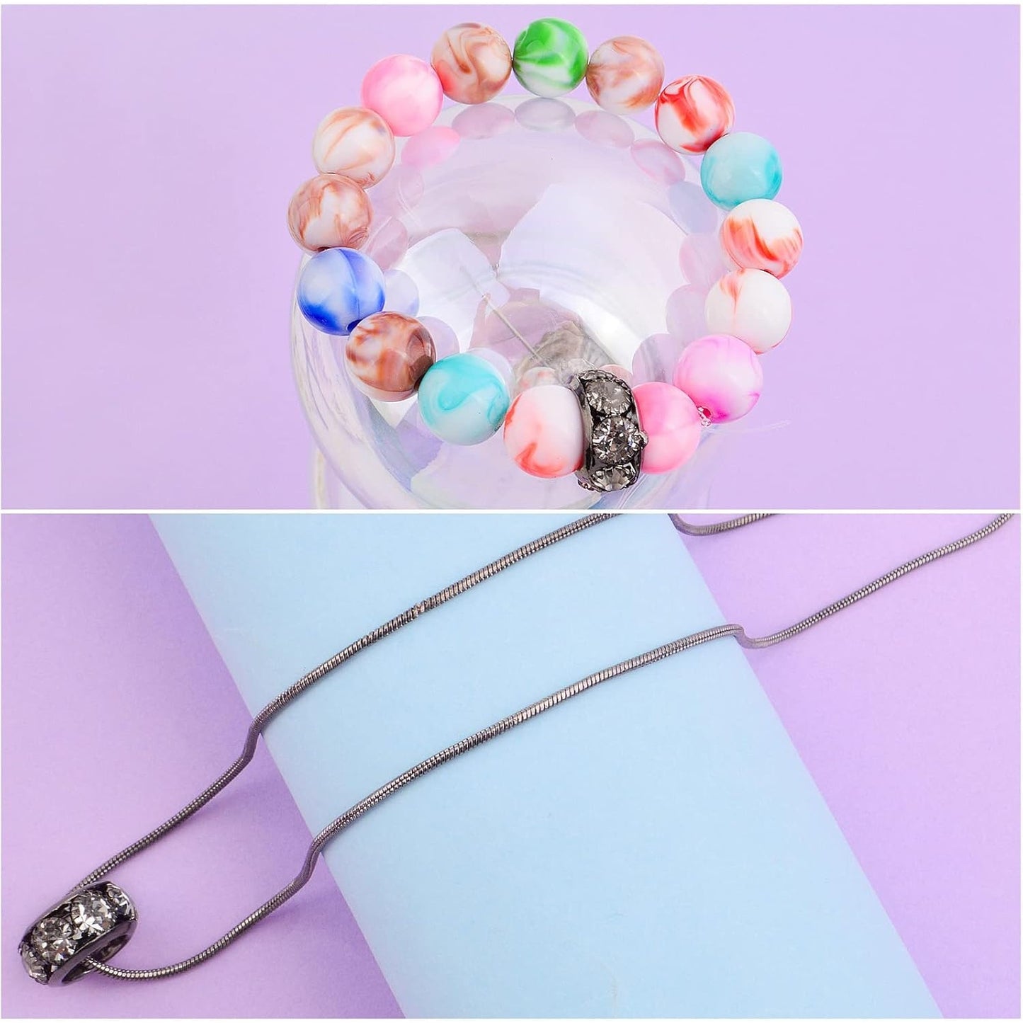 40pcs Large Hole Rhinestone Spacer Beads European Crystal Rondelle Loose Beads Handmade Accessories for DIY Bracelet Snake Chain Jewelry Making Supplies, Gun Black