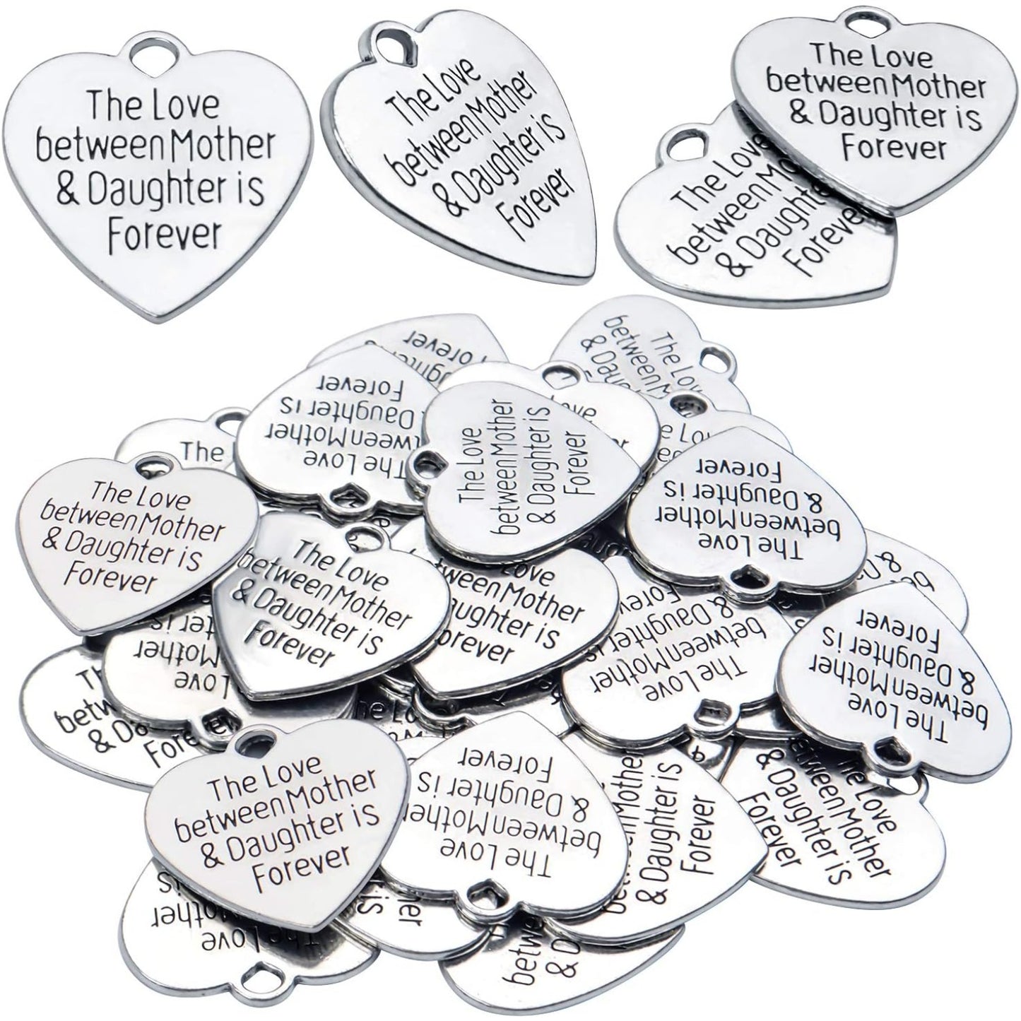 30pcs Heart-shaped Charms with Message 'The Love Between Mother & Daughter is Forever' Crafts Supplies Jewelry Findings for Bracelet Necklace Keychain Pendants