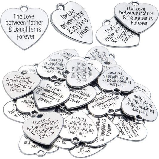 30pcs Heart-shaped Charms with Message 'The Love Between Mother & Daughter is Forever' Crafts Supplies Jewelry Findings for Bracelet Necklace Keychain Pendants