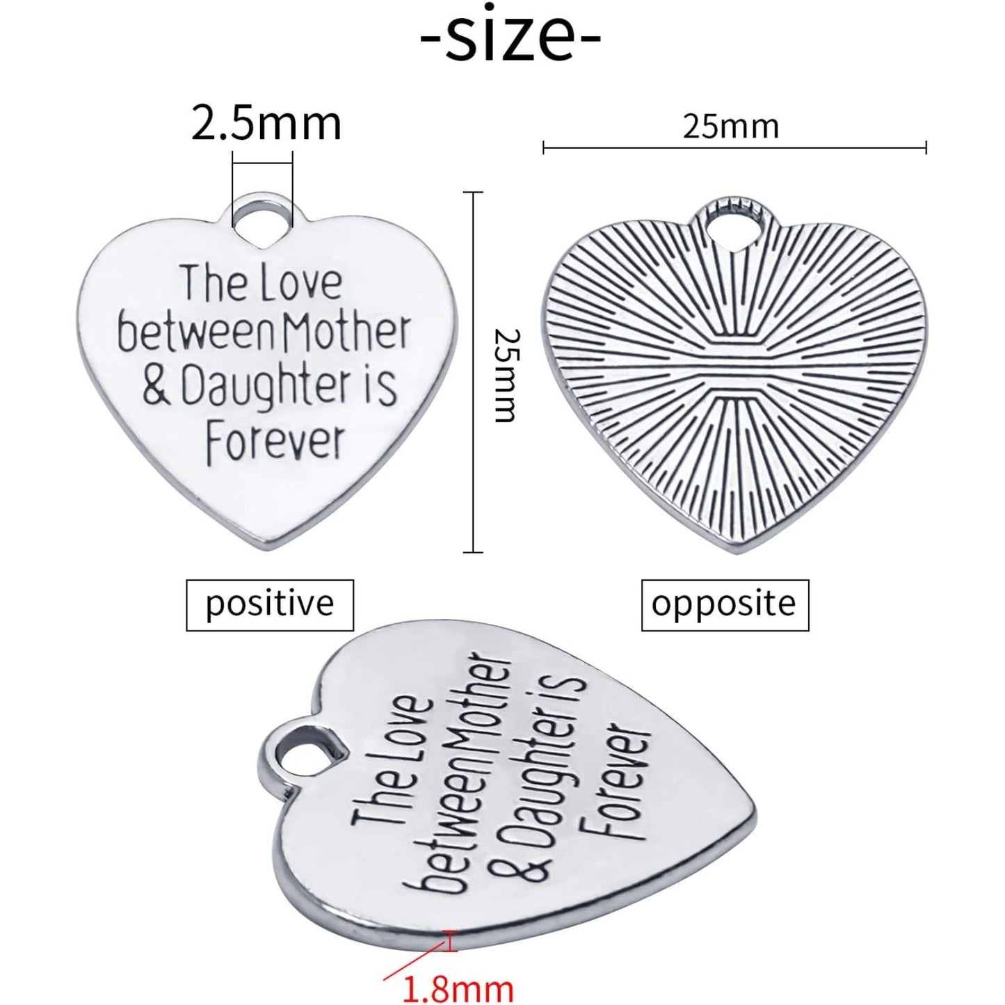30pcs Heart-shaped Charms with Message 'The Love Between Mother & Daughter is Forever' Crafts Supplies Jewelry Findings for Bracelet Necklace Keychain Pendants