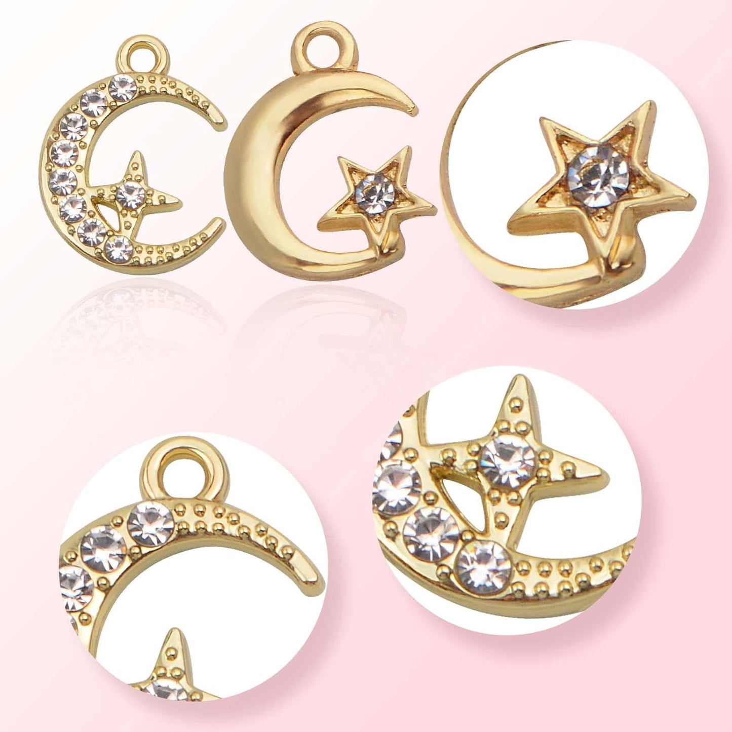 20pcs Golden Crescent Moon Star Charms Alloy Celestial Dangle Pendants with Shiny Rhinestone Craft Supplies for DIY Earring Bracelet Necklace Jewelry Making, 2 Styles