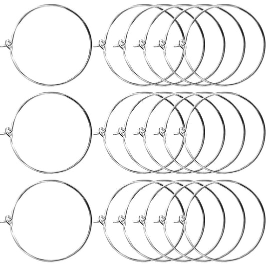 BronaGrand 100 Pieces Silver Wine Glass Charm Rings Earring Hoops 30mm
