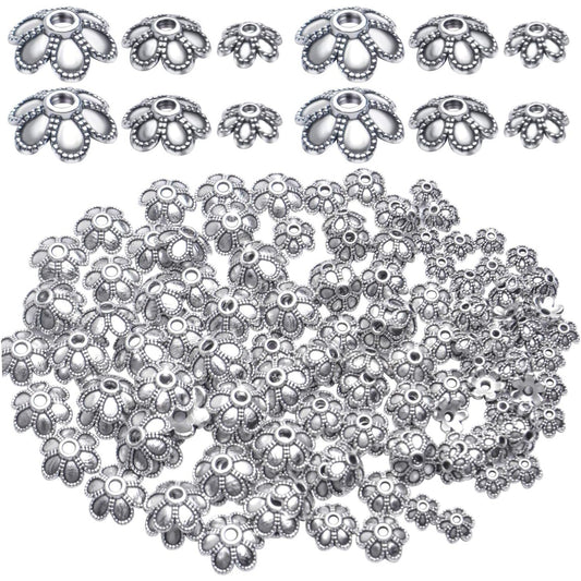 Antique Silver Flower Bead Caps, 200 Pcs Tibetan End Caps Metal Spacers for Jewelry Making, 6mm, 8mm, 10mm
