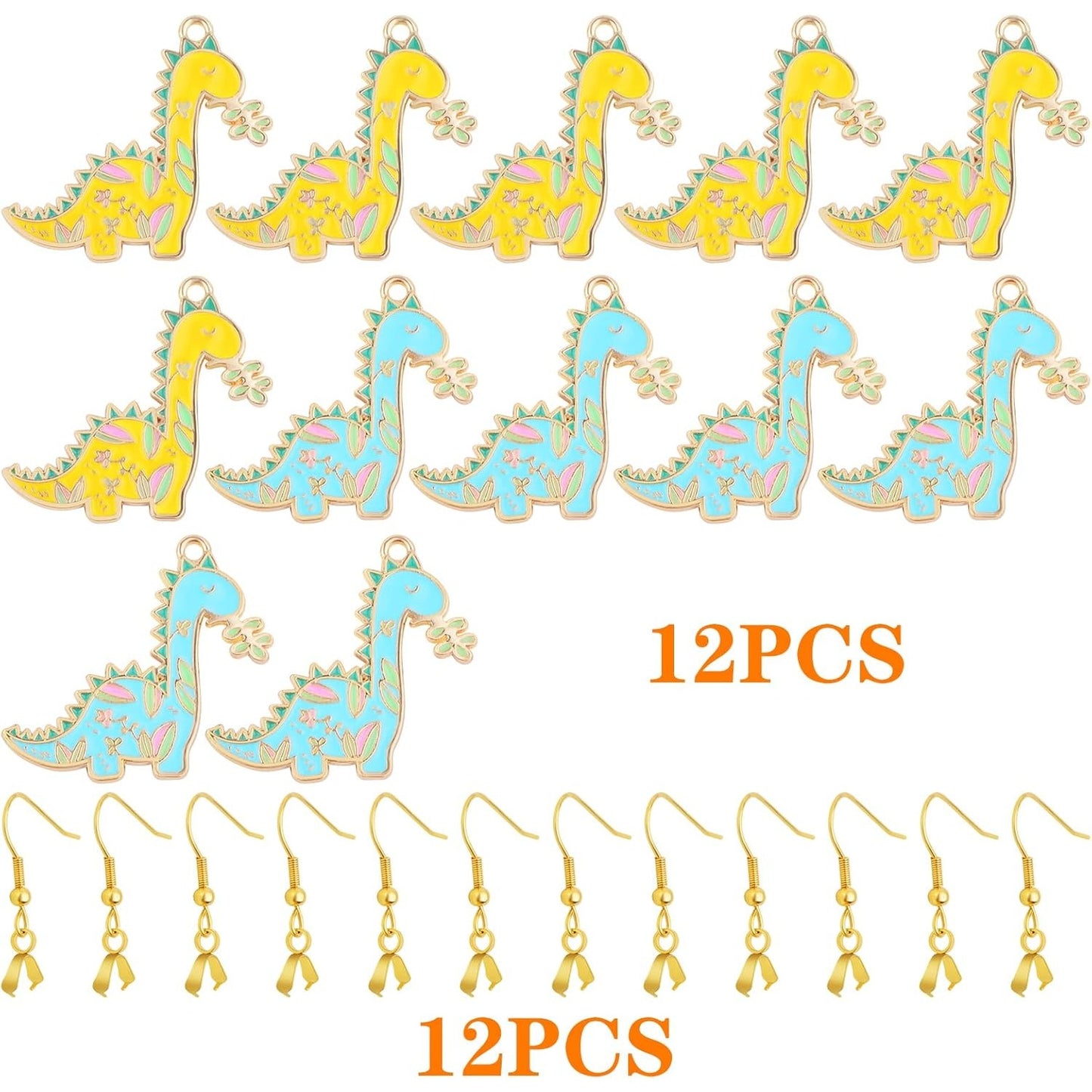 12pcs Golden Plated Colorful Enamel Dinosaur Pendant Charms and 12pcs Golden Hypoallergenic Earring Hooks for DIY Necklace Bracelet Dangle Earrings Jewelry Making
