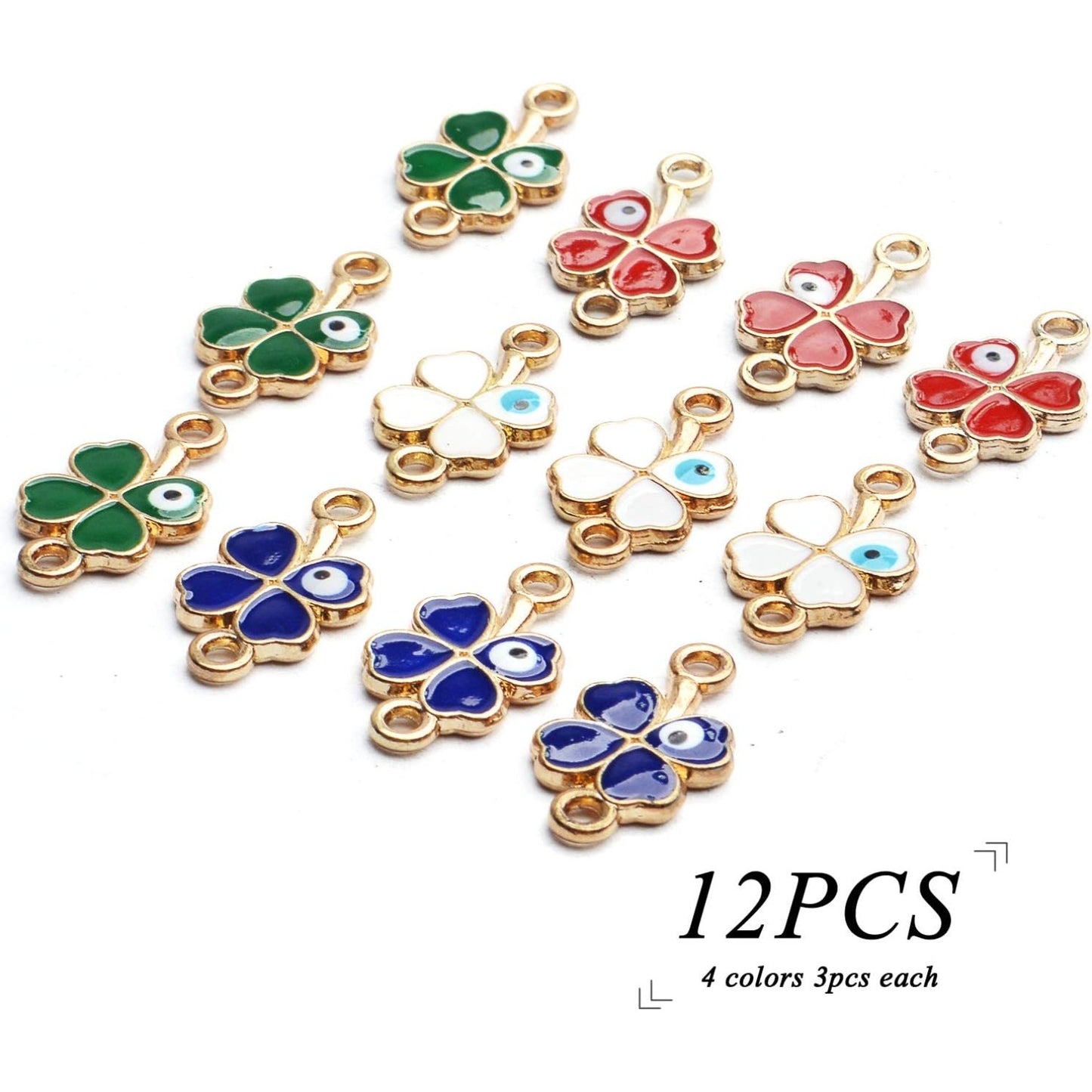 12PCS Four Leaf Clover Charms Alloy Evil Eye Pendant Connectors Findings Patrick's Day Charms for DIY Necklace Bracelet Jewelry Making