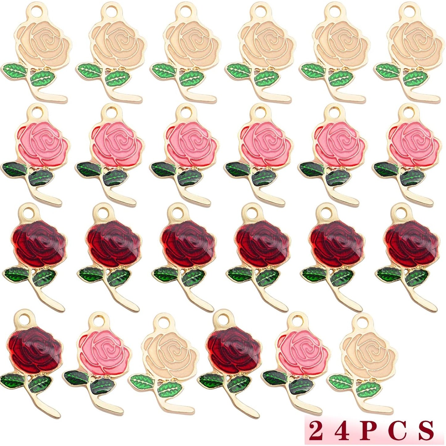 24pcs Enamel Rose Flower Charms Lovely Flower Bead Romantic Dangle Pendants Jewelry Findings for DIY Earrings Necklace Bracelet Valentine's Gifts, 3 Colors