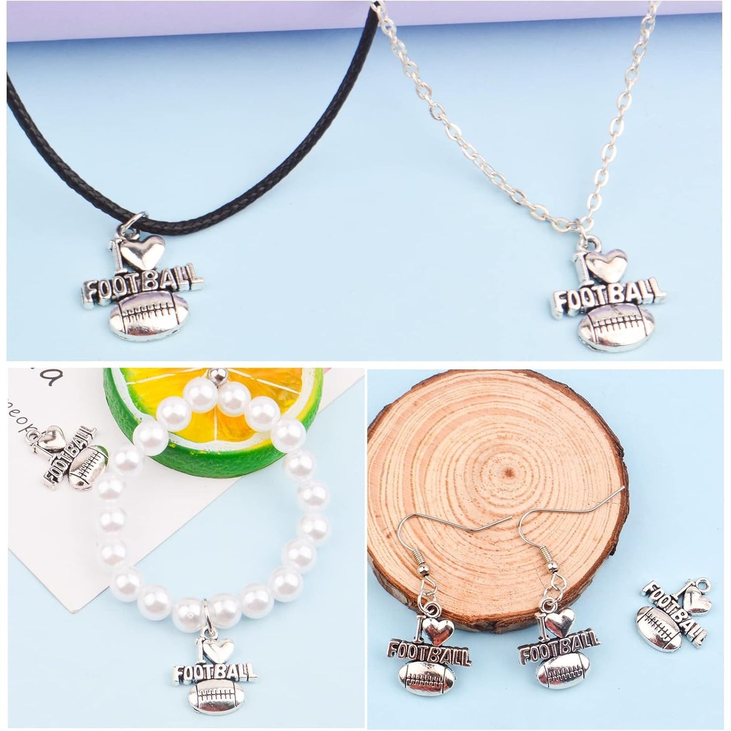 50 Pieces Antique Silver Football Charms Pendants Tibetan Alloy I Love Football Dangle Charms for DIY Necklace Crafts Jewelry Making