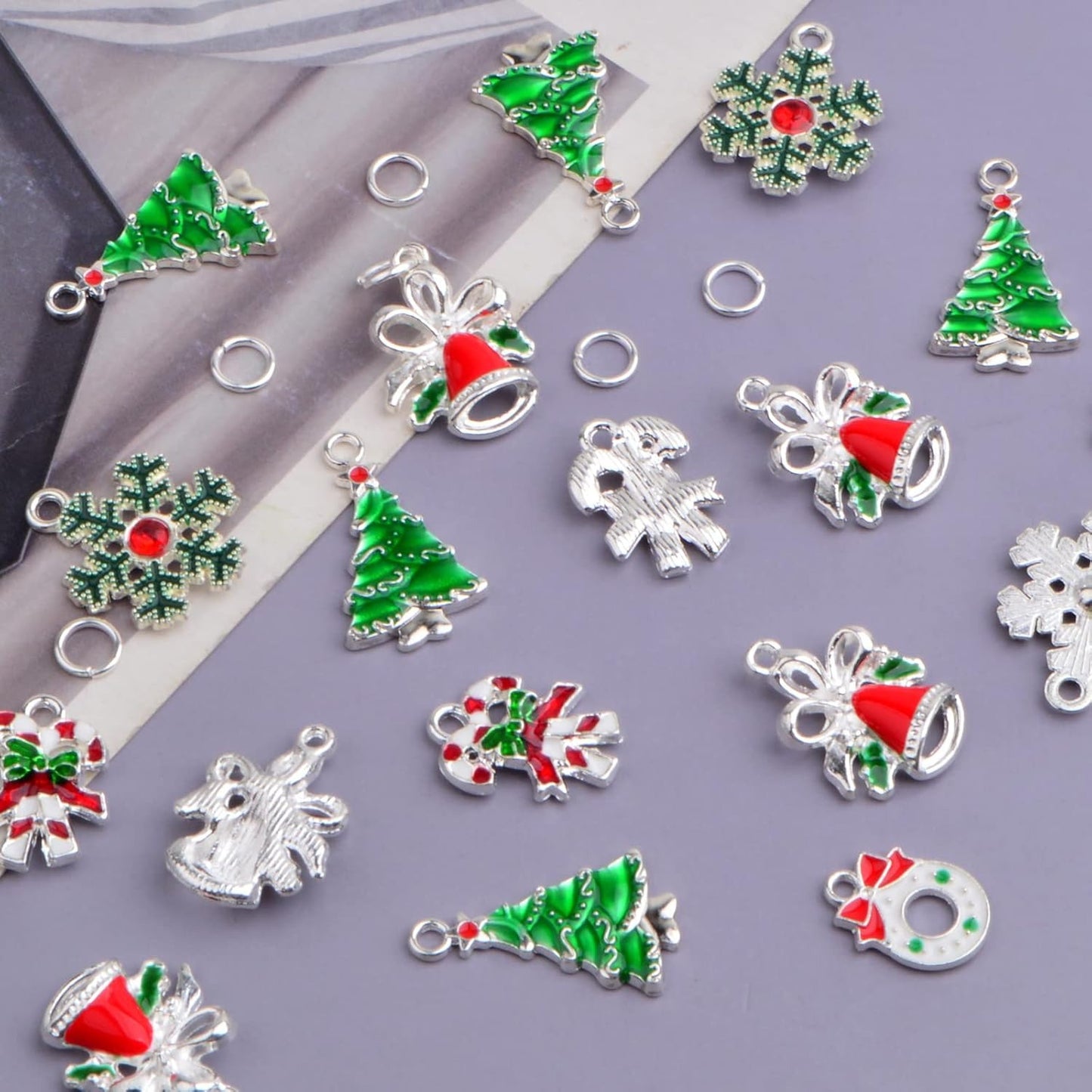 30pcs 5 Styles Enamel Christmas Theme Charms Alloy Mixed Christmas Tree Snowflake Bow Bell Pendants and 30pcs Open Rings for DIY Craft Jewelry Making Xmas Decoration