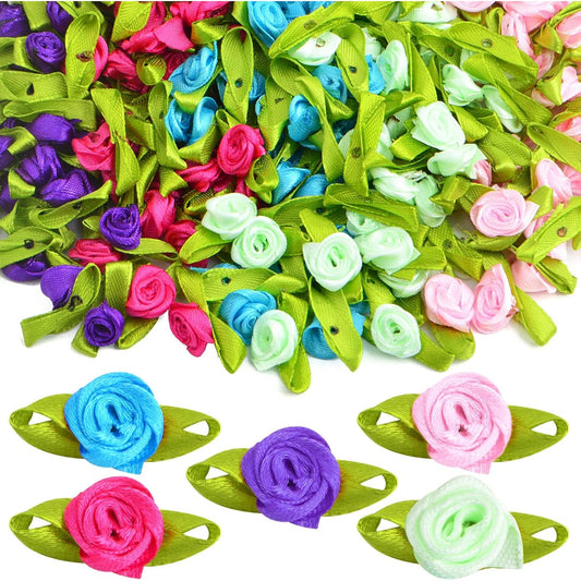 200 Pieces Satin Ribbon Roseflowers Mini Fabric Flowers Multicolored Rosettes with Leave Rose Satin Ribbon Bows for DIY Ornament Applique Sewing Crafts Wedding Party Decor