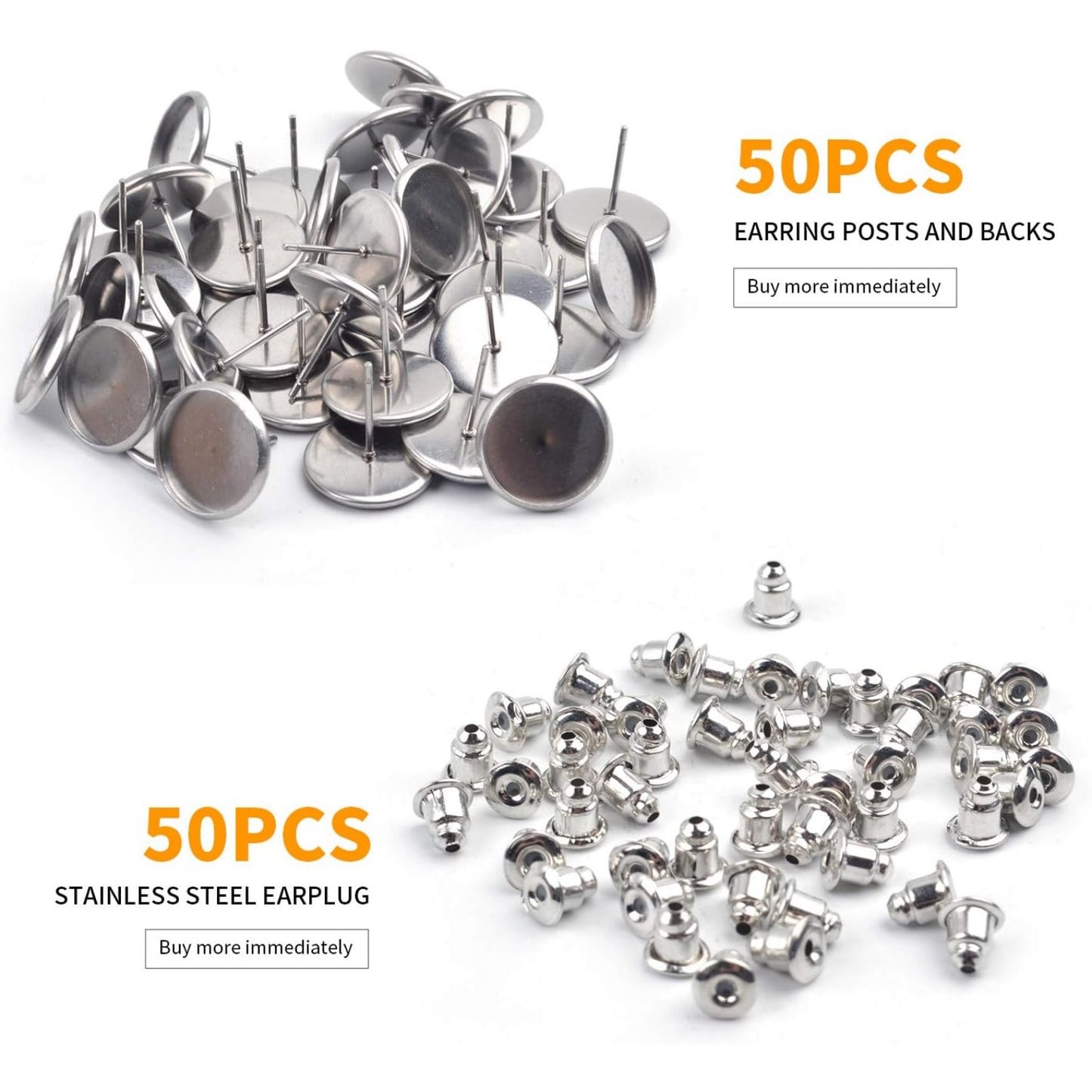 50 Pieces Stainless Steel Stud Silver Earring Cabochon Setting Post Cup for 12mm and 50 Pieces Bullet Clutch Earrings Safety Backs