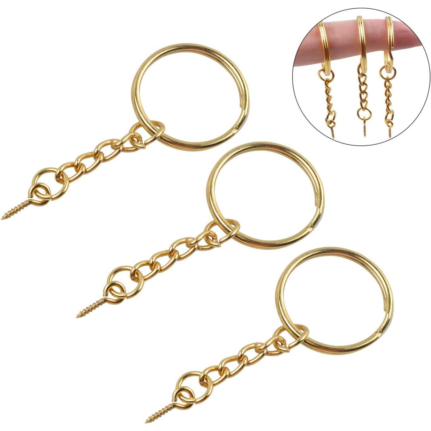 50pcs 25mm Split Key Ring with Extend Chain and 12mm Screw Eye Pin for Craft Charm Making,Gold