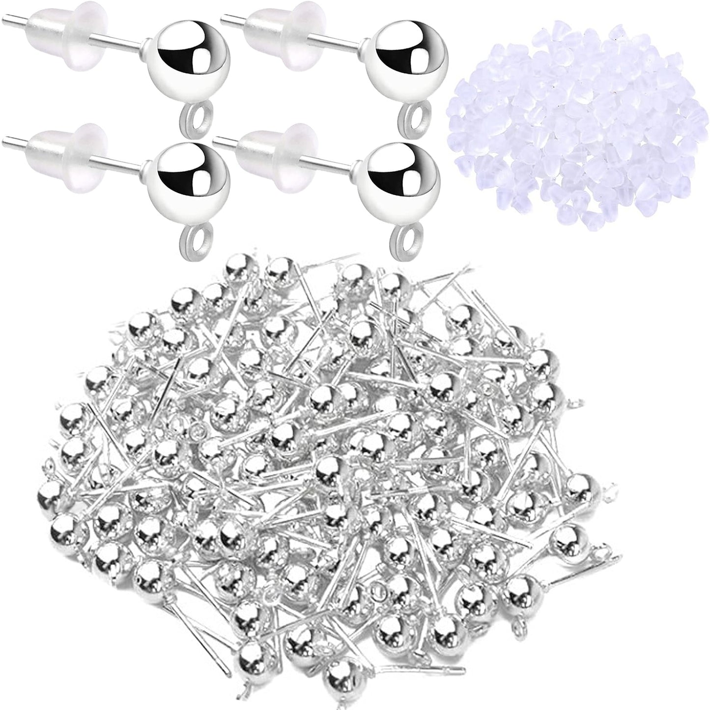 300pcs 3 Colors Ball Post Earring Studs Hypoallergenic Alloy Ear Pins Earring Posts with Loop and 300pcs Silicone Clear Bullet Earring Backs for DIY Crafts Jewelry Making