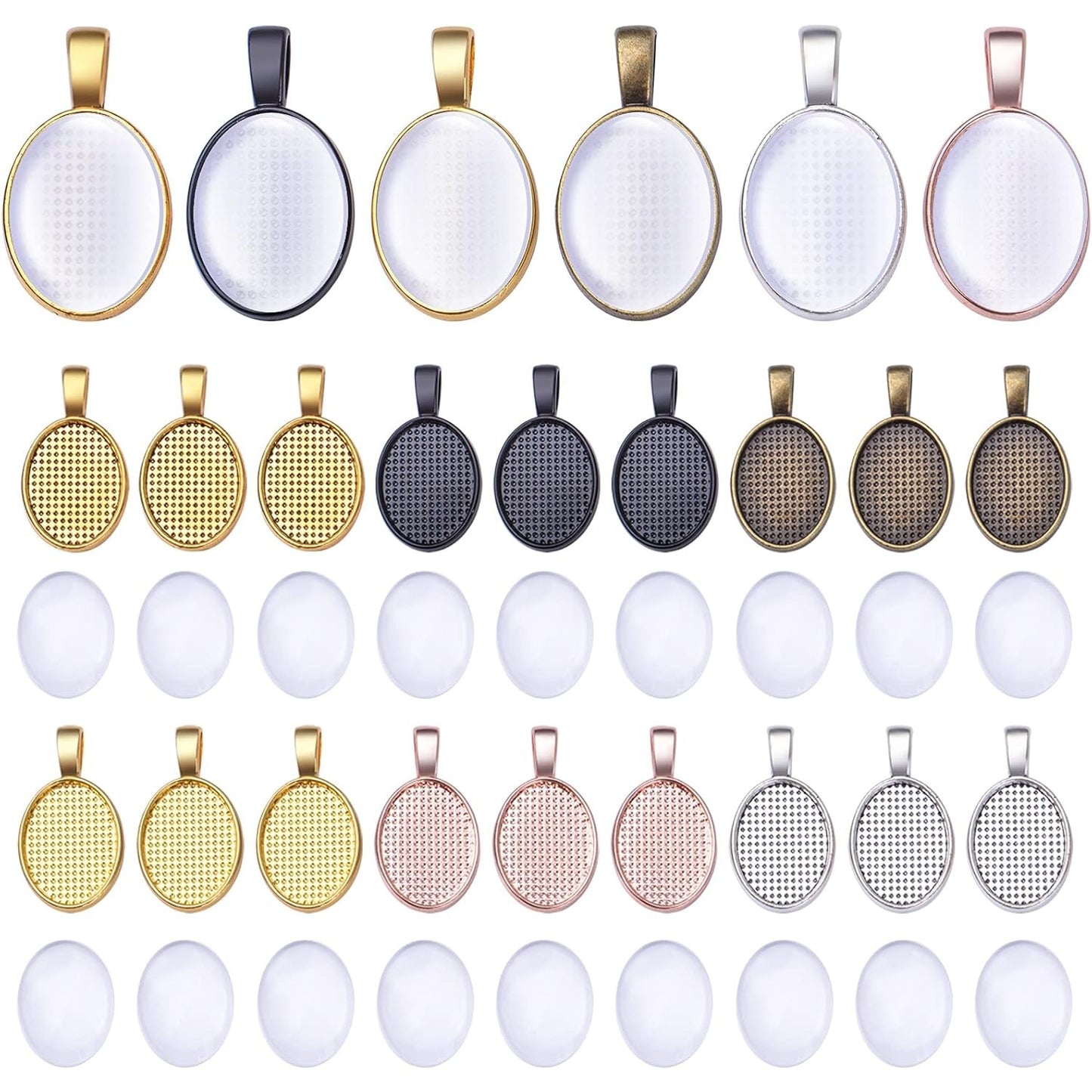 48pcs Bezel Pendant Blanks Set, 24pcs 6 Colors Oval Pendant Trays Bezel Blanks with 24pcs Glass Cabochons Clear Dome Tiles for DIY Bracelet Necklace Jewelry Crafts Making