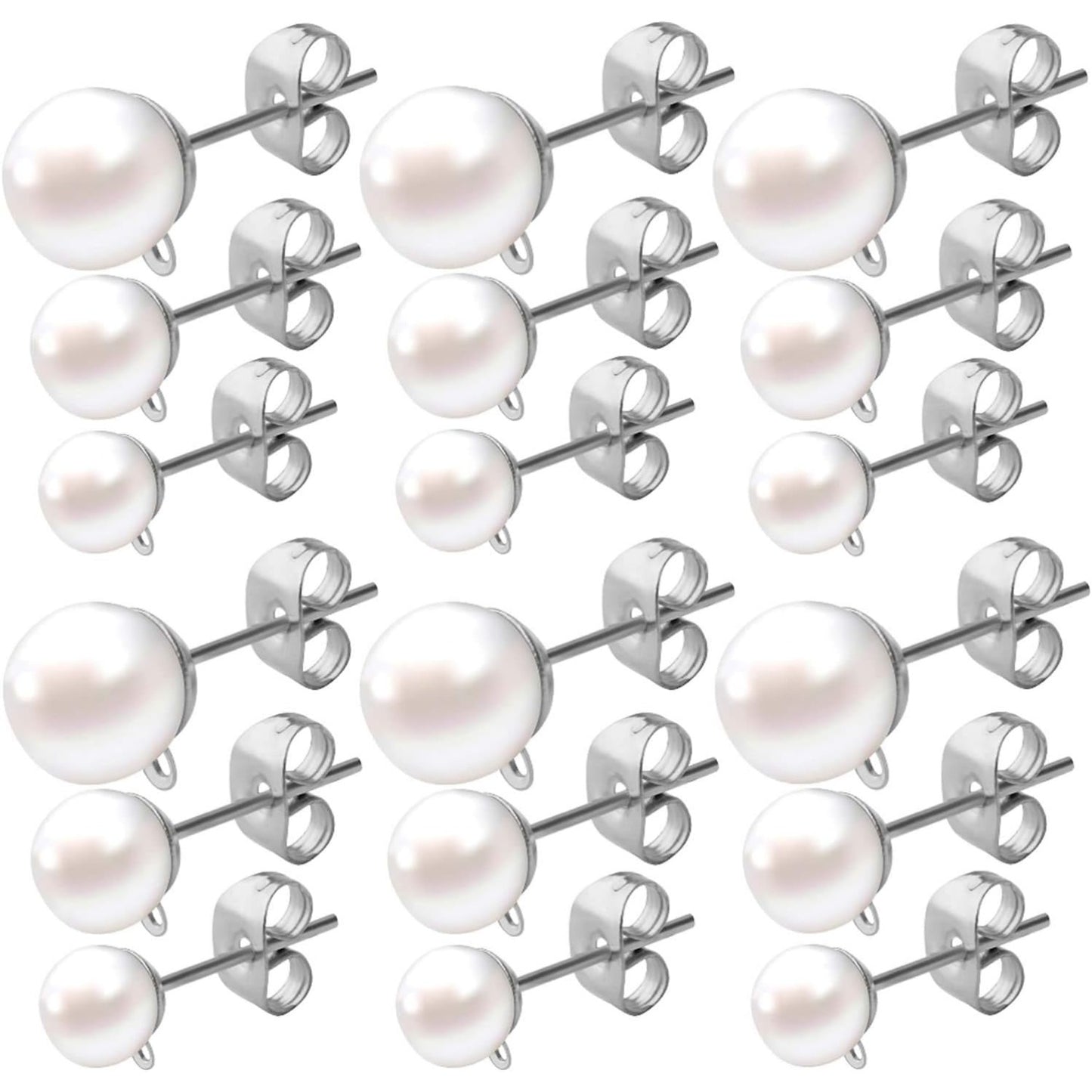 90pcs Faux Pearl Hypoallergenic Earring Posts Stud Earrings with Loop Metal Post Earring Studs and 90pcs Silver Butterfly Earring Backs for DIY Earring Jewelry Making