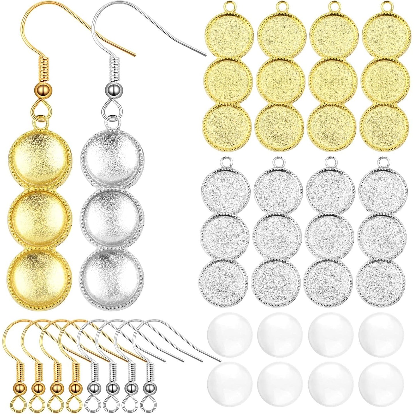 20pcs 2 Colors Blank Round 12 mm Earring Bezel Trays Bases 3-Consecutive Earring Blanks and 60pcs 12 mmGlass Cabochon Dome Tiles with 40pcs Earring Hooks for DIY Jewelry Making