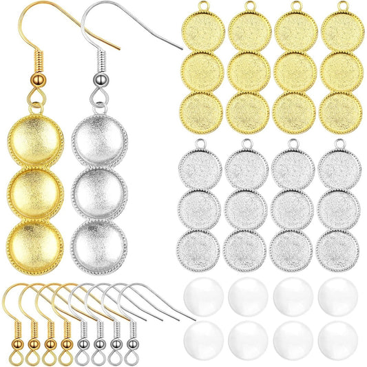 20pcs 2 Colors Blank Round 12 mm Earring Bezel Trays Bases 3-Consecutive Earring Blanks and 60pcs 12 mmGlass Cabochon Dome Tiles with 40pcs Earring Hooks for DIY Jewelry Making
