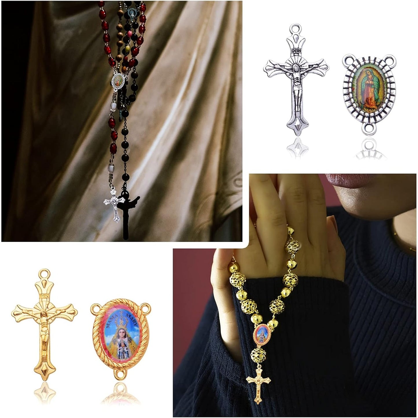 20pcs Rosary Cross Center Charms Pendants and 20pcs Mixed Picture Miraculous Jesus Maria Our Lady Crucifix Catholic Virgin Oval Chandelier Links for DIY Rosary Necklace Bracelet Jewelry Making