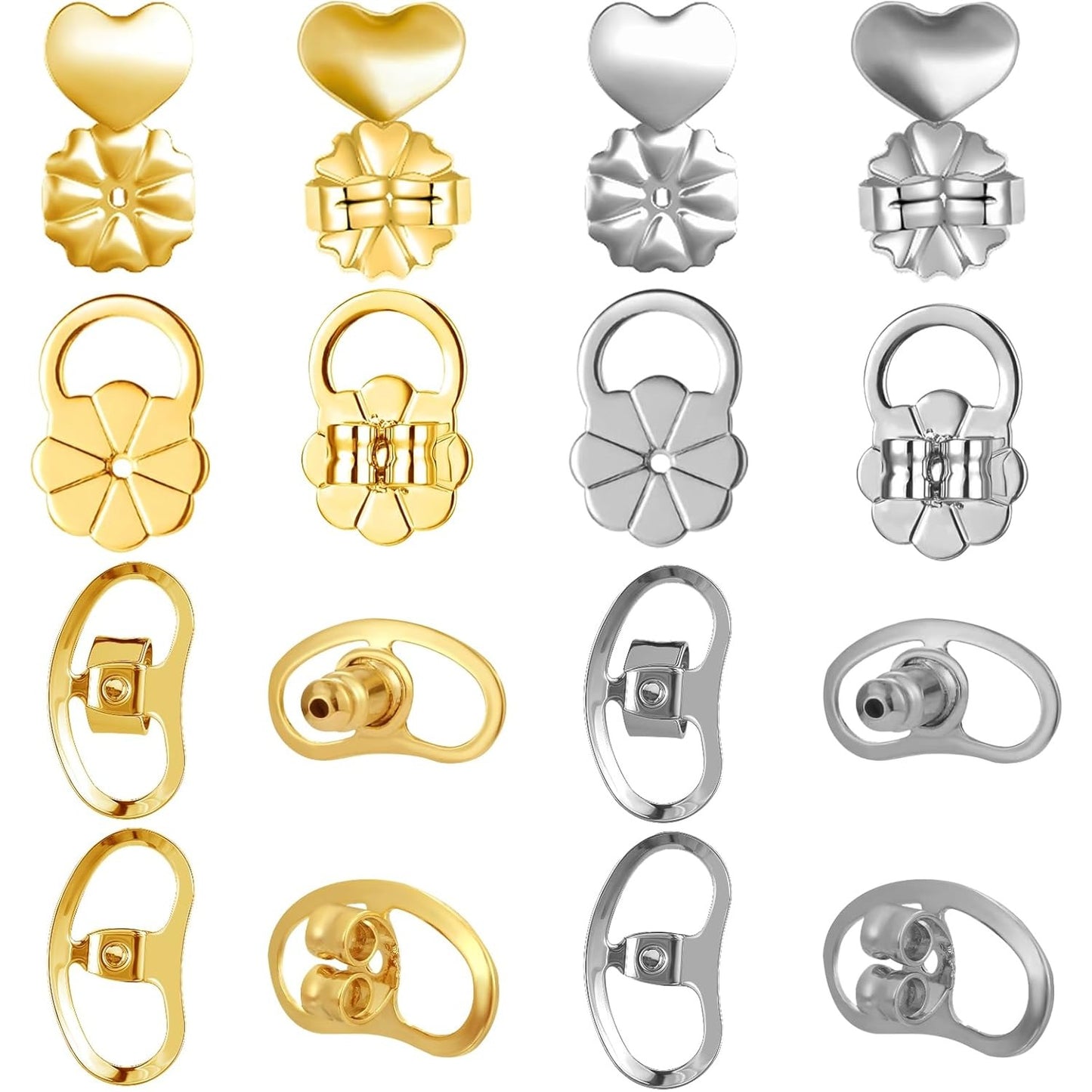16pcs Earring Backs for Droopy Ears, Adjustable Heavy Earrings Lifters Backs Brass Secure Ear Support Backings Stoppers Repacements for Studs Droopy Earlobe Hoops, 4 Styles